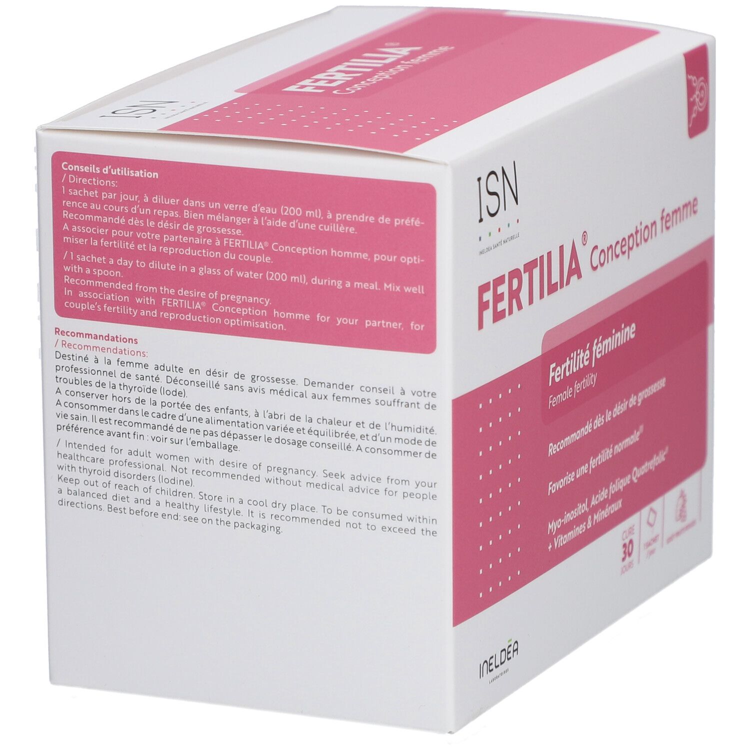 Boîte blanche et rose. Inscription FERTILIA Conception femme. Contient 30 sachets. Texte en français.
