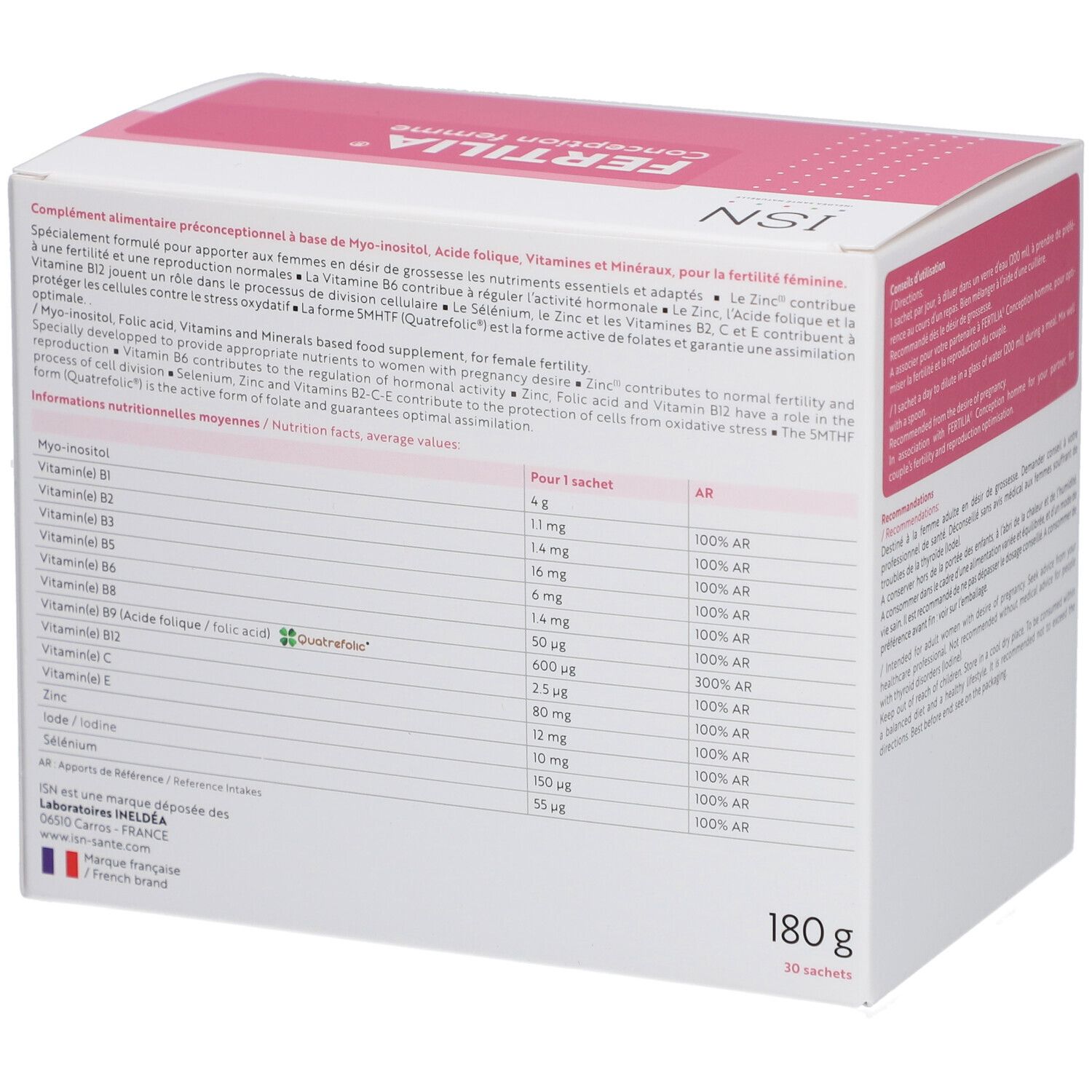 Dos de la boîte. Texte en français. Contient les informations nutritionnelles et les ingrédients. Fond blanc.