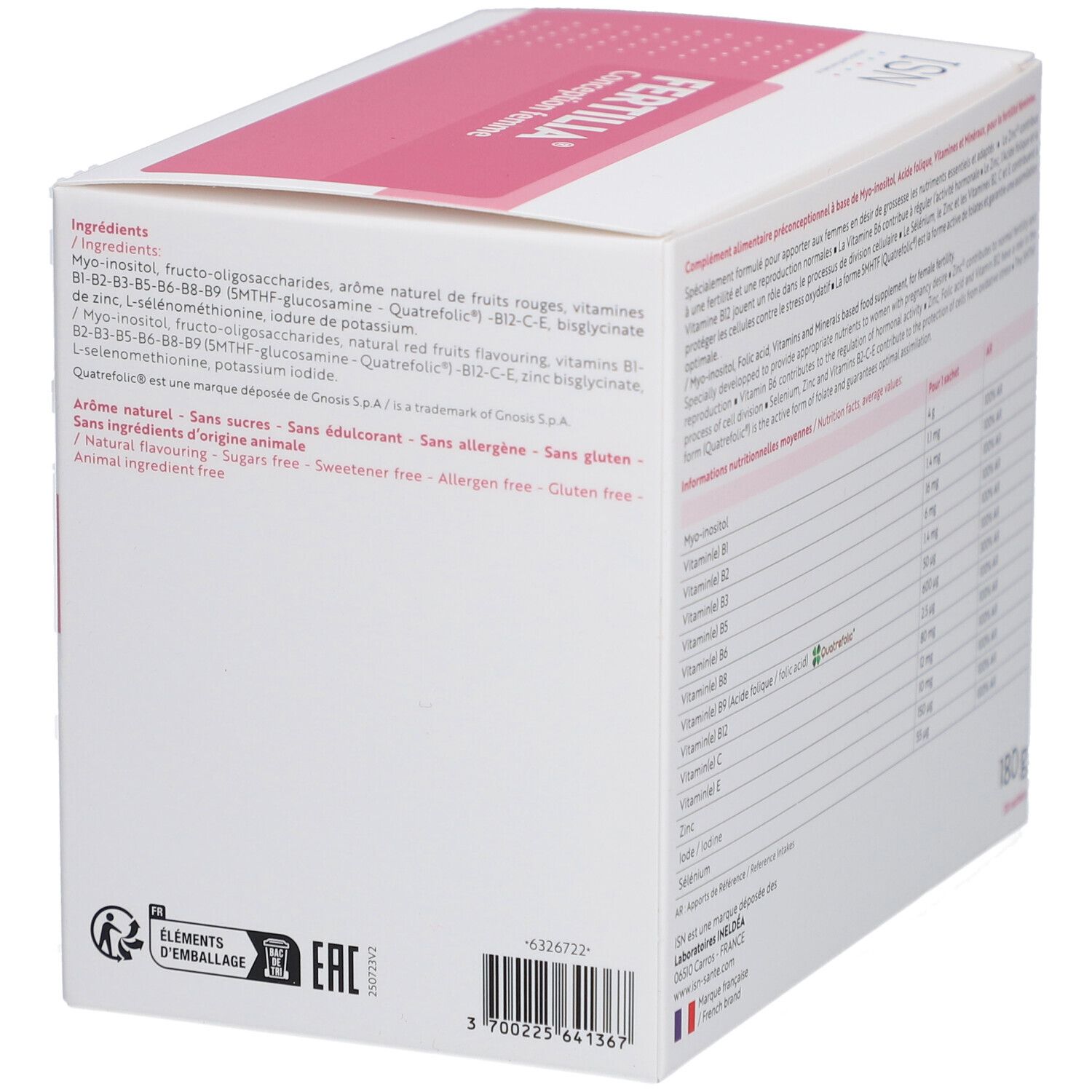 Dos de la boîte. Texte en français. Contient les informations nutritionnelles et les ingrédients. Fond blanc.