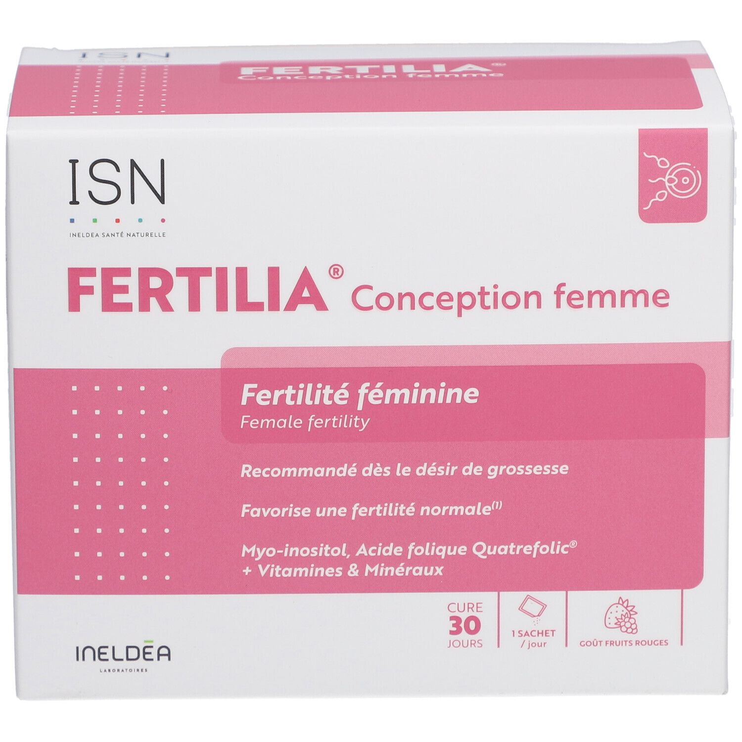 Boîte blanche et rose. Inscription FERTILIA Conception femme. Contient 30 sachets. Texte en français.