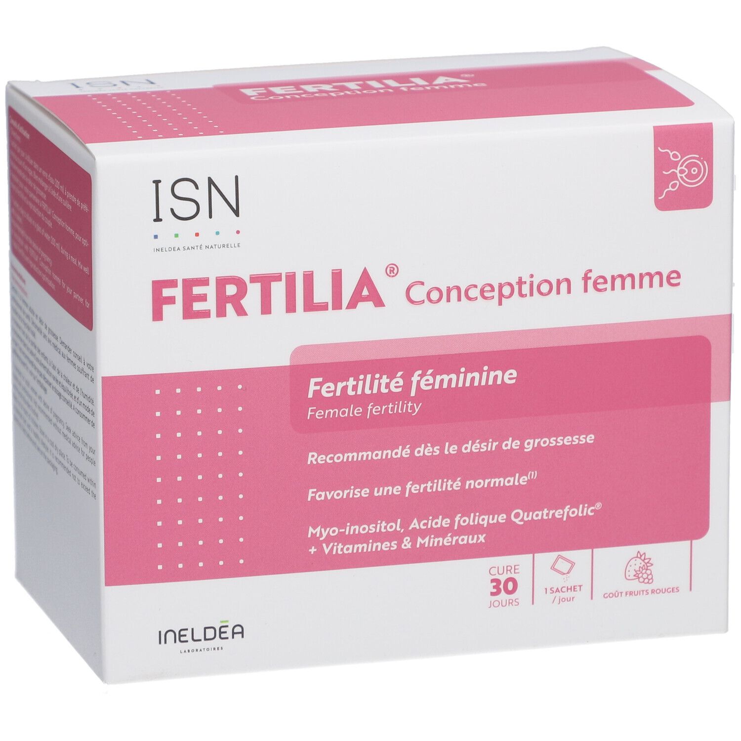 Boîte blanche et rose. Inscription FERTILIA Conception femme. Contient 30 sachets. Texte en français.