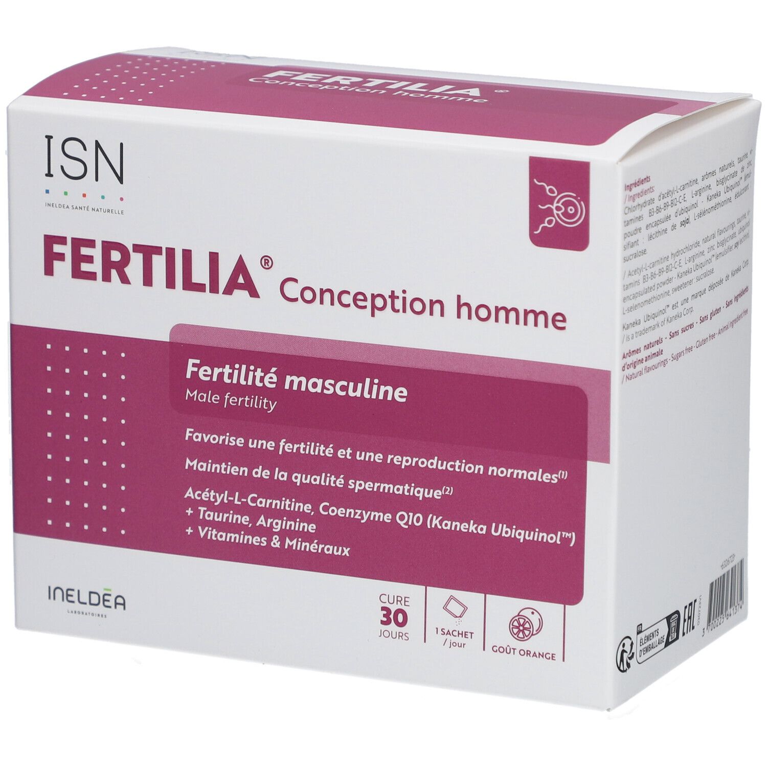 Boîte de Fertilia Conception homme. Inscription: Fertilité masculine, Male fertility. Contient 30 sachets.