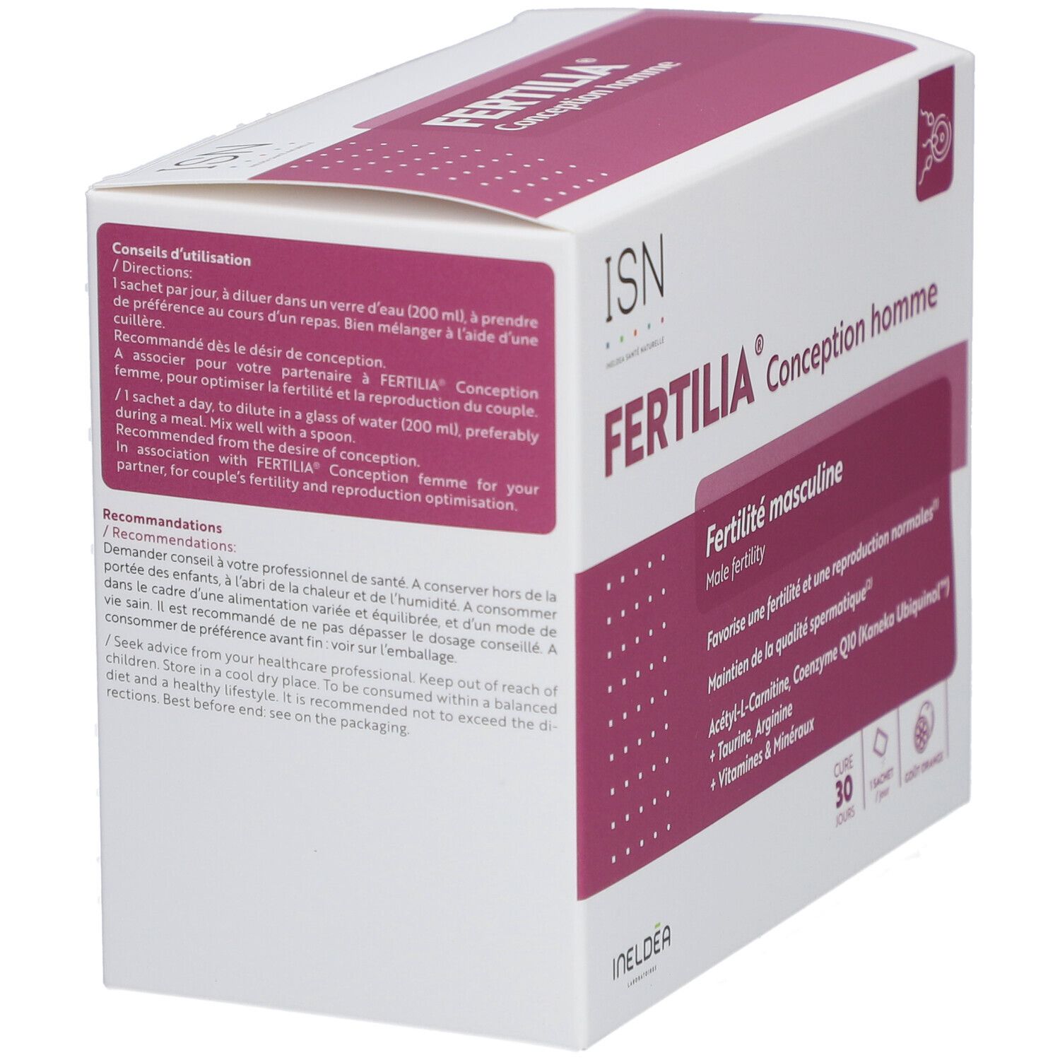Boîte de Fertilia Conception homme. Inscription: Fertilité masculine, Male fertility. Contient 30 sachets. Vue latérale.