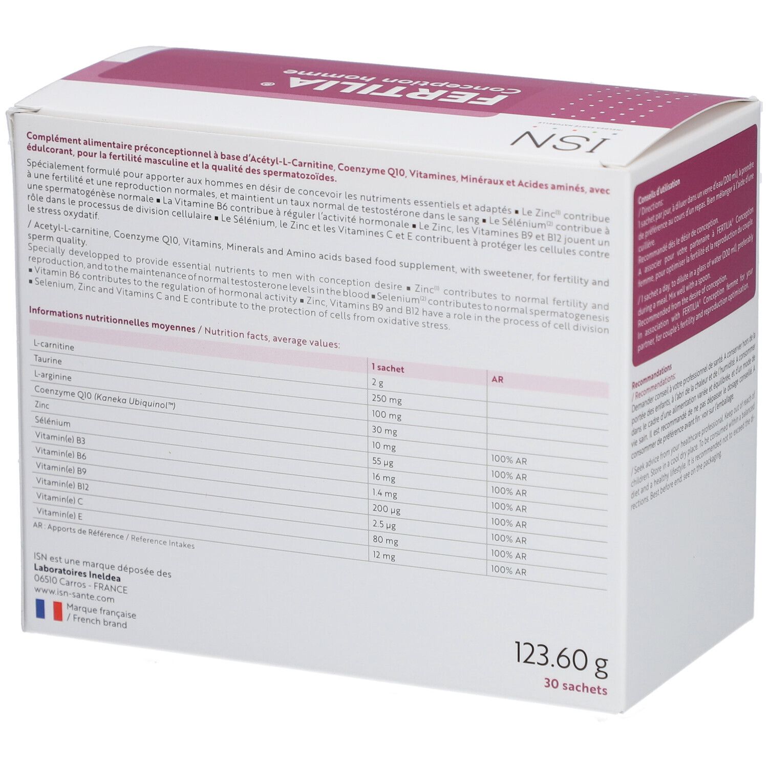 Boîte Fertilia Conception homme. Dos avec informations nutritionnelles et ingrédients. Poids: 123,60 g.