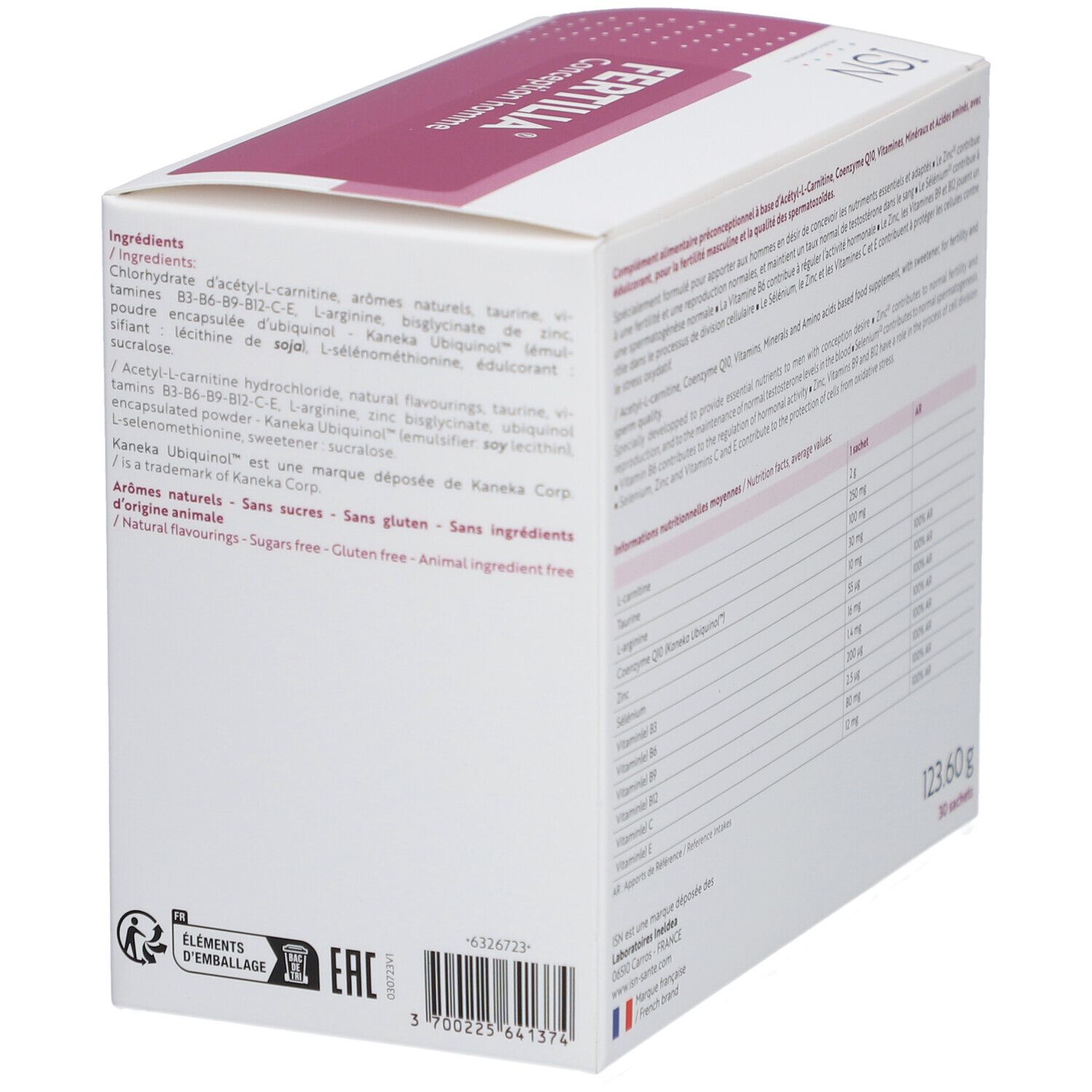 Boîte Fertilia Conception homme. Dos avec ingrédients et informations nutritionnelles. Contient 30 sachets.