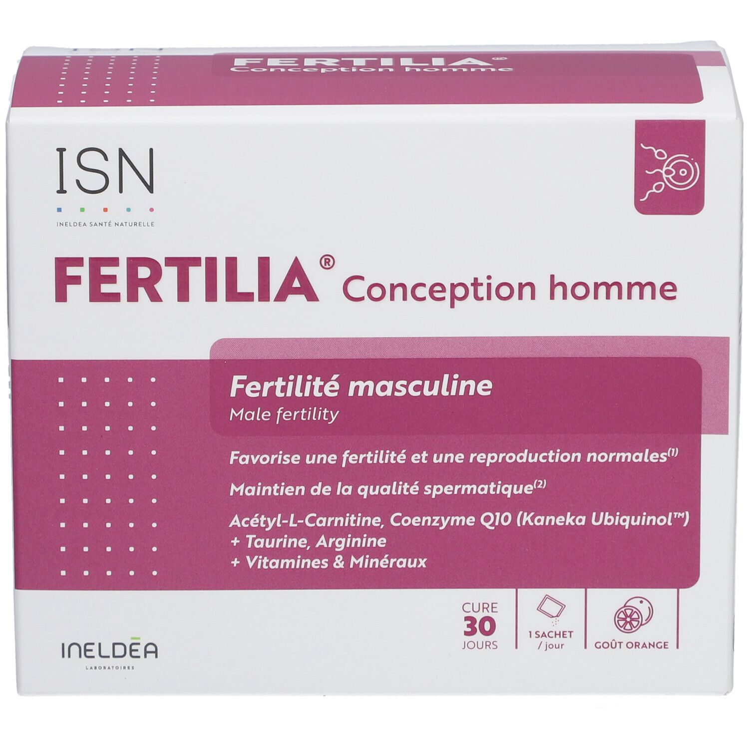 Boîte de Fertilia Conception homme. Inscription: Fertilité masculine, Male fertility. Contient 30 sachets.