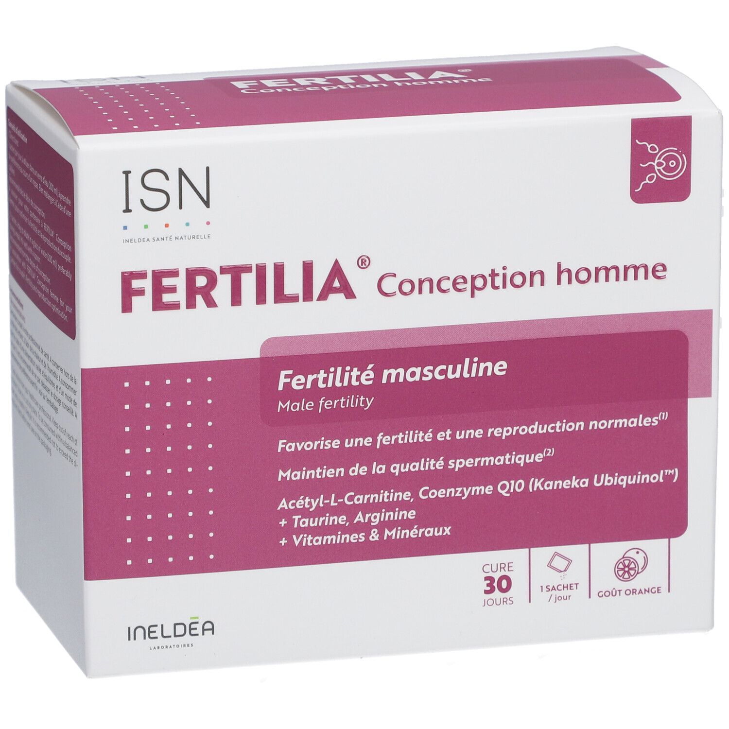 Boîte de Fertilia Conception homme. Inscription: Fertilité masculine, Male fertility. Contient 30 sachets.