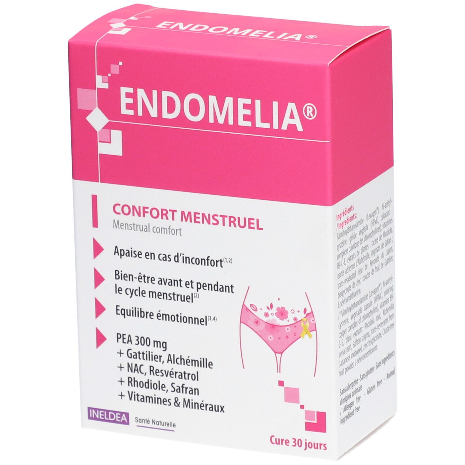 Boîte rose Endomelia, Gélule, complément alimentaire pour le confort menstruel. Texte et illustration.