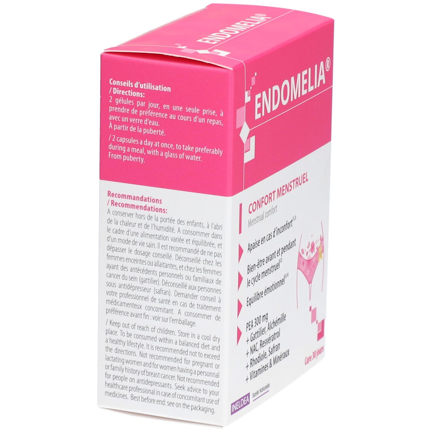 Boîte rose Endomelia, Gélule, complément alimentaire pour le confort menstruel. Texte et illustration.