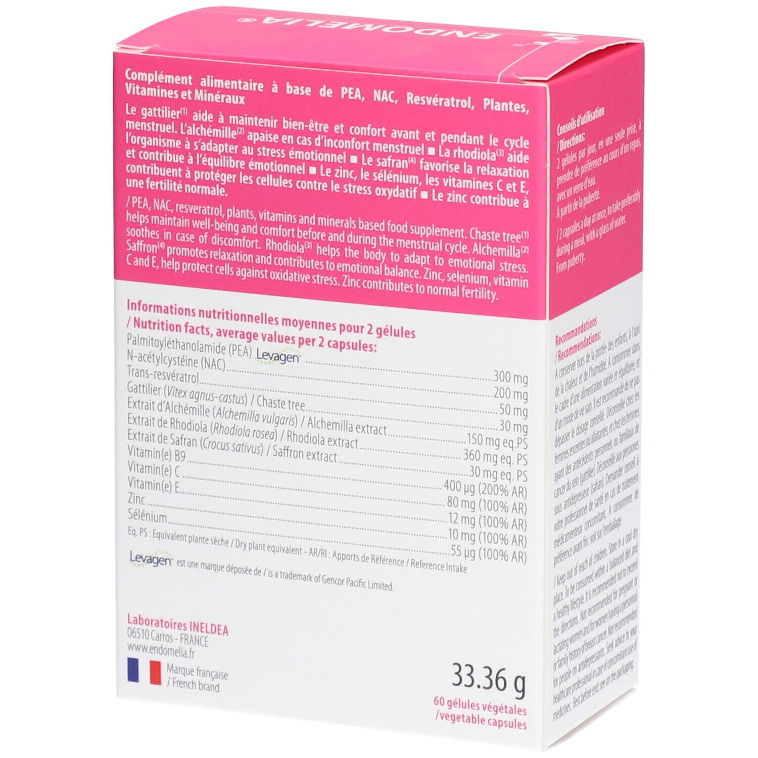 Boîte rose Endomelia, Gélule, complément alimentaire pour le confort menstruel. Texte et illustration.