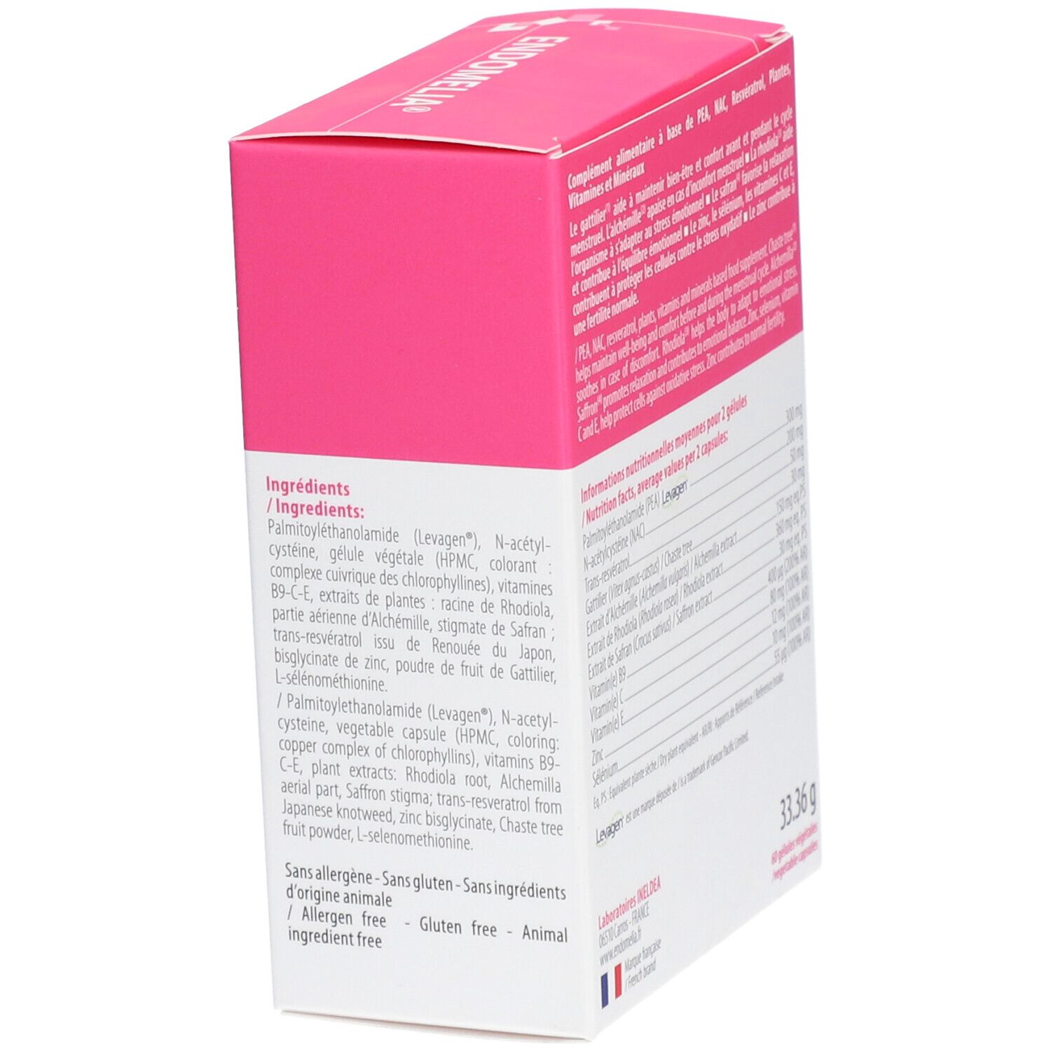 Boîte rose Endomelia, Gélule, complément alimentaire pour le confort menstruel. Texte et illustration.