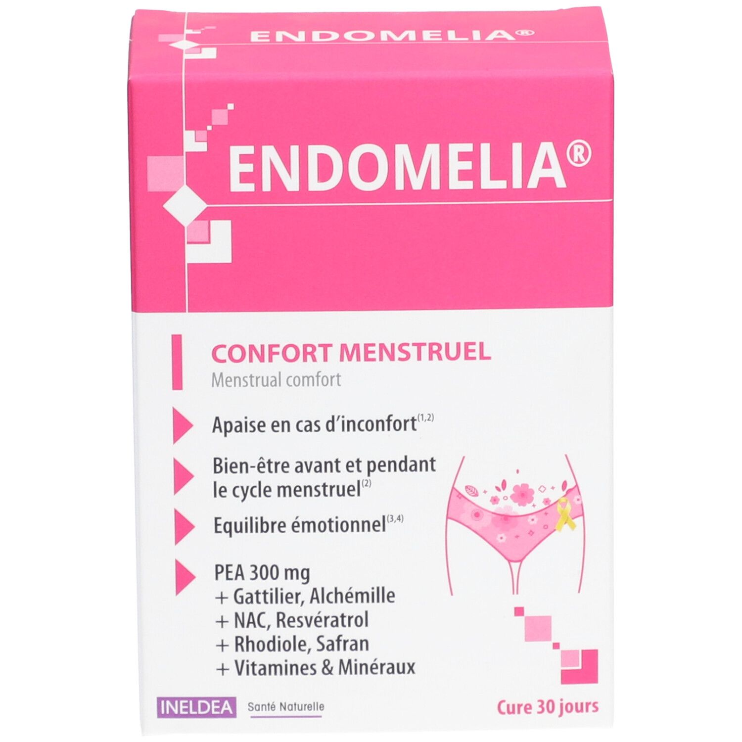 Boîte rose Endomelia, Gélule, complément alimentaire pour le confort menstruel. Texte et illustration.