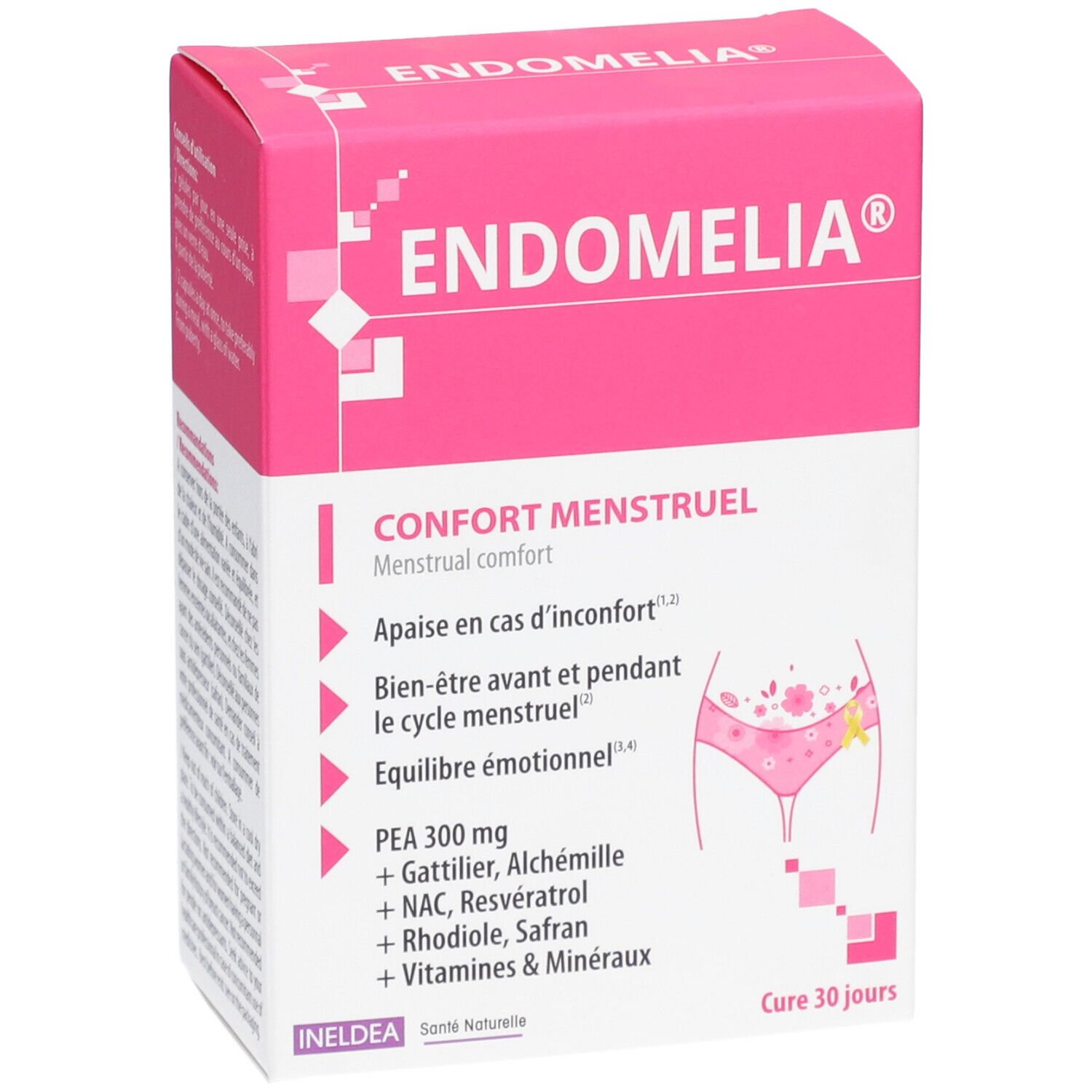 Boîte rose Endomelia, Gélule, complément alimentaire pour le confort menstruel. Texte et illustration.