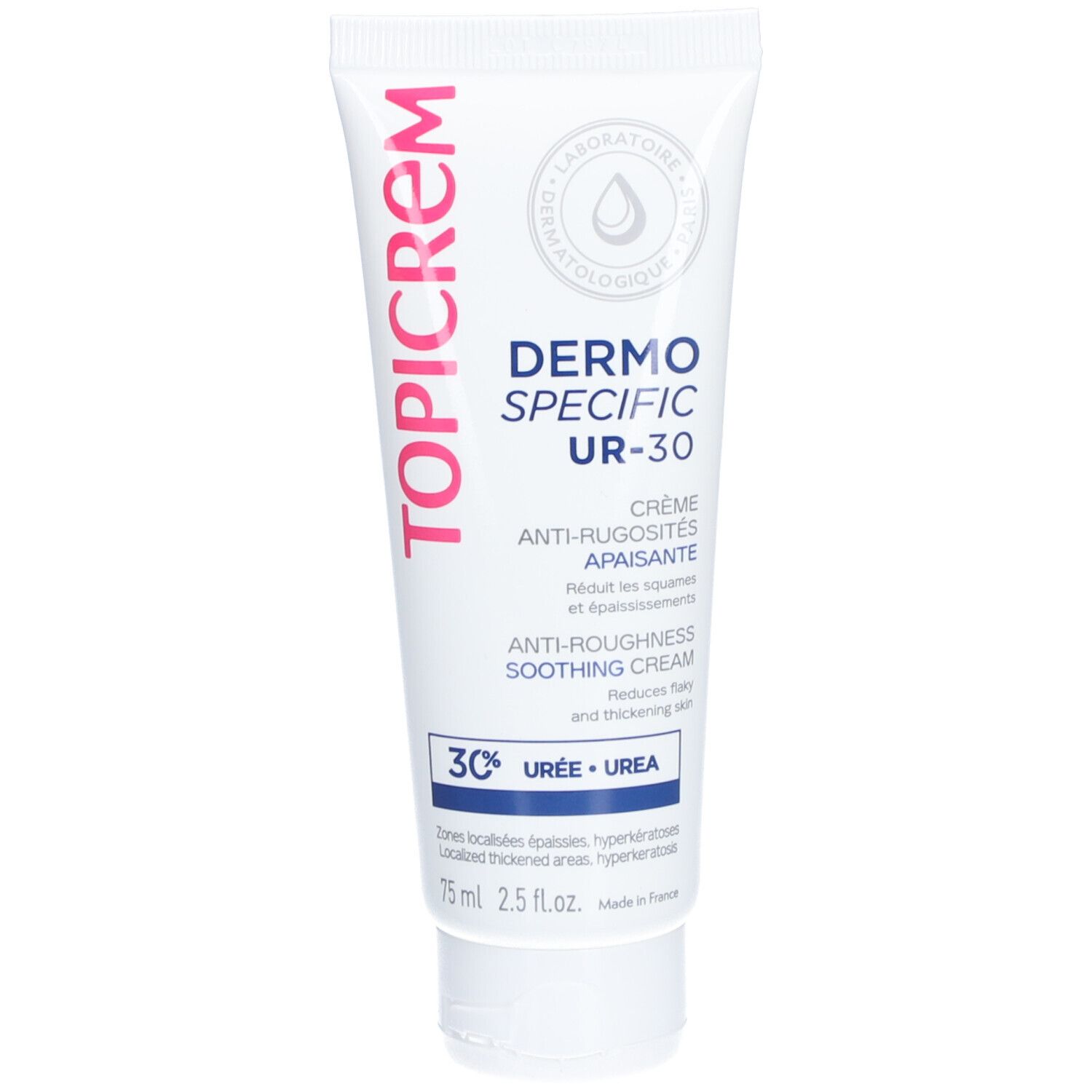 Tube Topicrem Dermo-Specific UR-30. Inscription rose sur fond blanc. Contient 30% d'urée. Crème anti-rugosités.