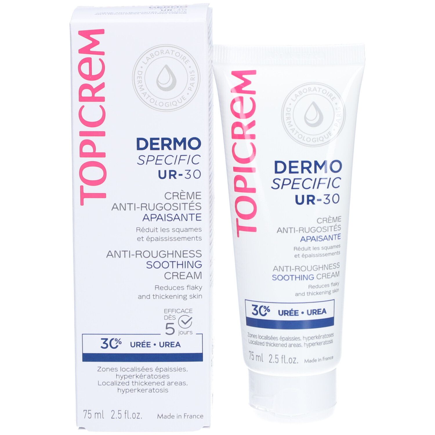 Topicrem Dermo-Specific UR-30 crème et emballage. Tube et boîte blancs avec texte rose.