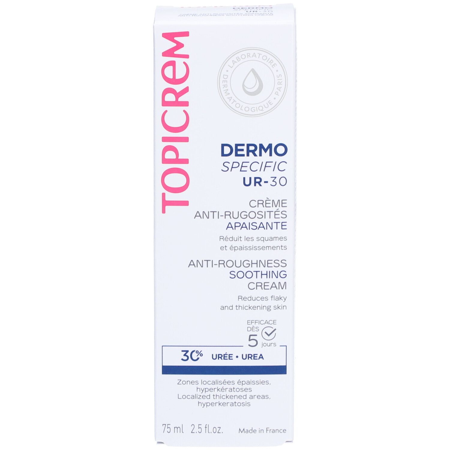 Emballage de la crème Topicrem Dermo-Specific UR-30. Boîte blanche avec texte rose. Contient 30% d'urée.