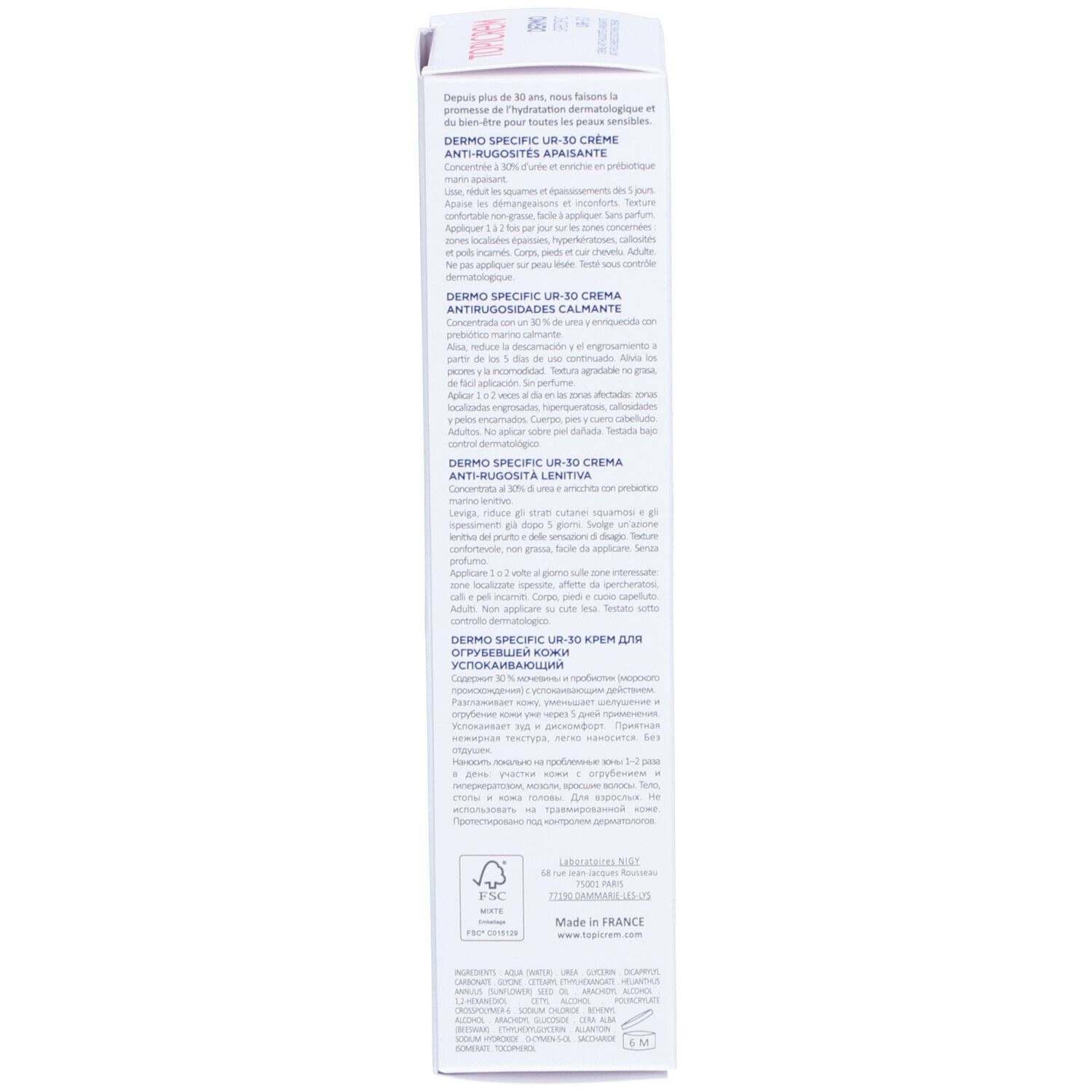 Dos de l'emballage de la crème Topicrem Dermo-Specific UR-30. Texte multilingue. Fond blanc.