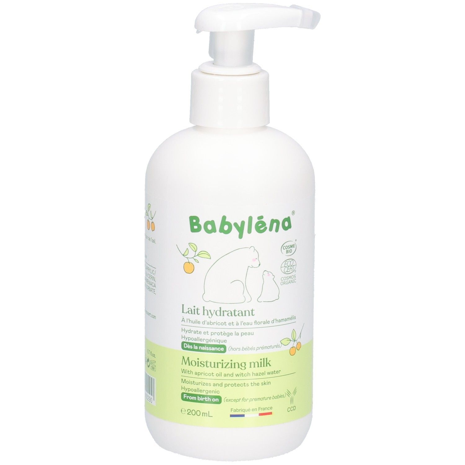 Flacon blanc avec pompe. Inscription: Babyléna, Lait hydratant, Moisturizing milk. Huile d'abricot et eau d'hamamélis. Certification bio.