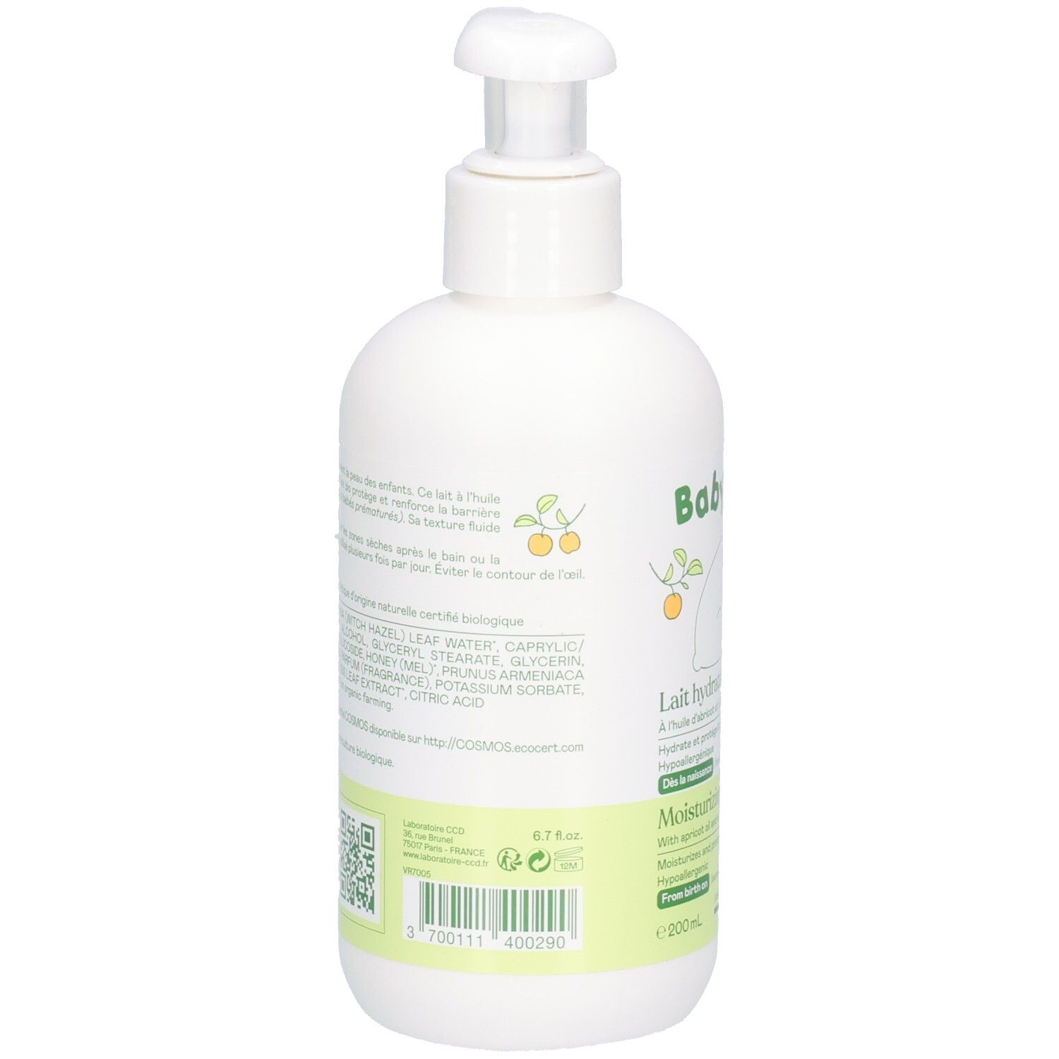 Dos d'un flacon blanc avec pompe. Texte: ingrédients, QR code, code-barres. Certification bio. Fabriqué en France.