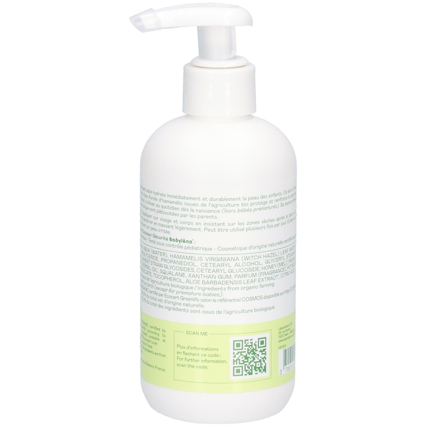 Dos d'un flacon blanc avec pompe. Texte: ingrédients, QR code. Certification bio. Fabriqué en France.