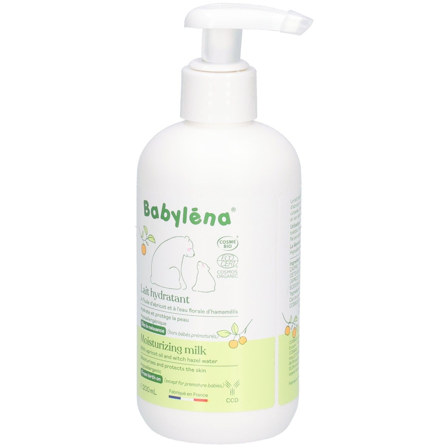 Flacon blanc avec pompe. Inscription: Babyléna, Lait hydratant, Moisturizing milk. Huile d'abricot et eau d'hamamélis. Certification bio.