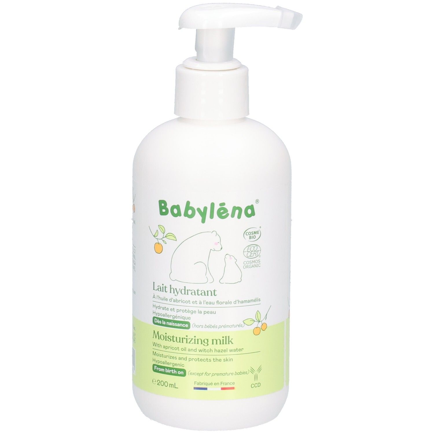 Flacon blanc avec pompe. Inscription: Babyléna, Lait hydratant, Moisturizing milk. Huile d'abricot et eau d'hamamélis. Certification bio.