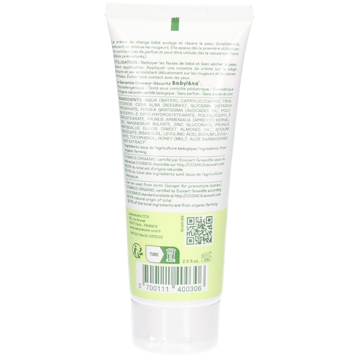 BABYLÉNA Crème de change Tube, verso con ingredienti e certificazioni.