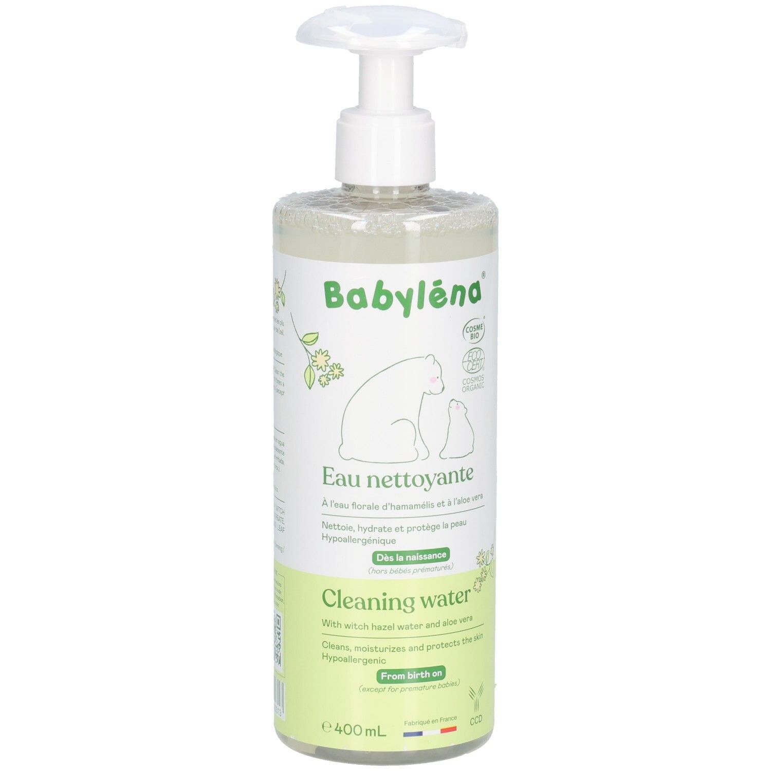 Flacon transparent avec pompe. Inscription BabyLéna, Eau nettoyante, Cleaning water. Contient camomille et aloe vera. 400ml.