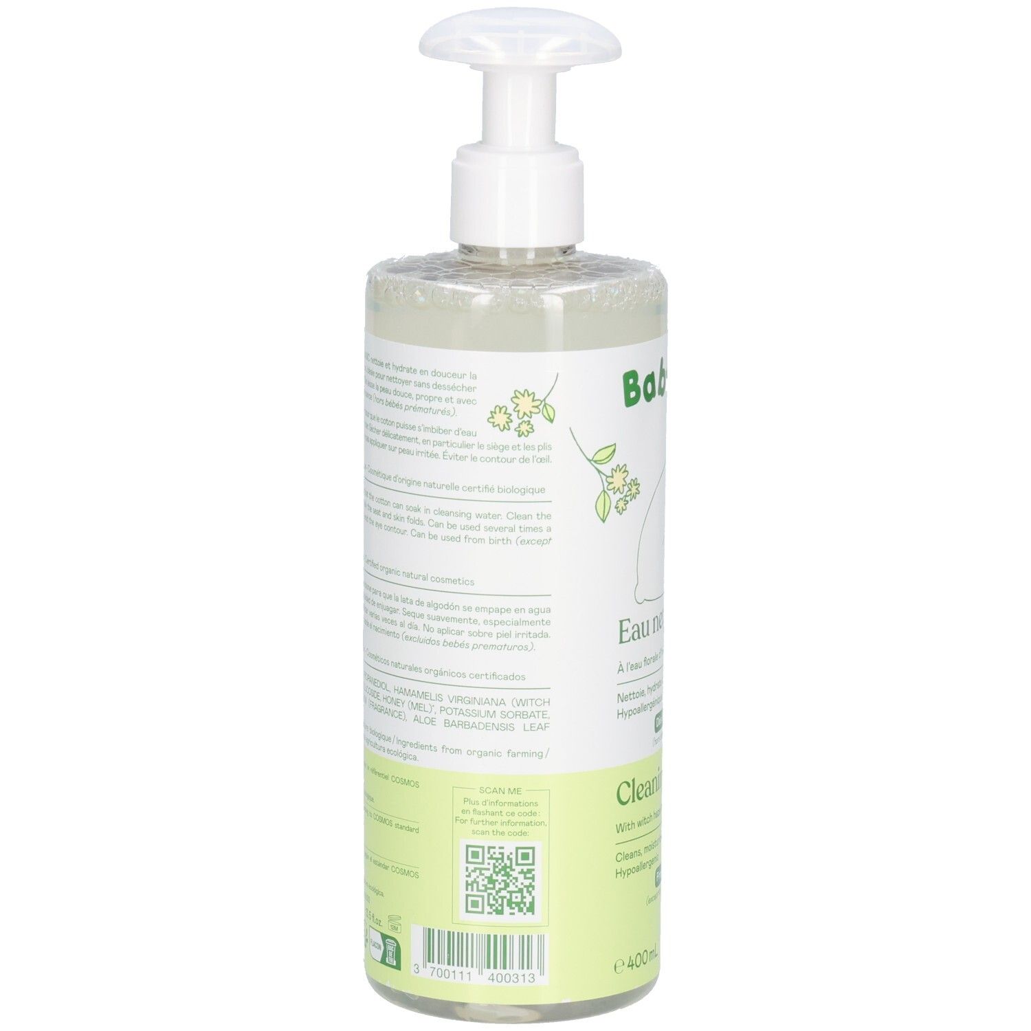 Dos du flacon. Texte multilingue. Code QR et logos. Informations sur les ingrédients et certifications.