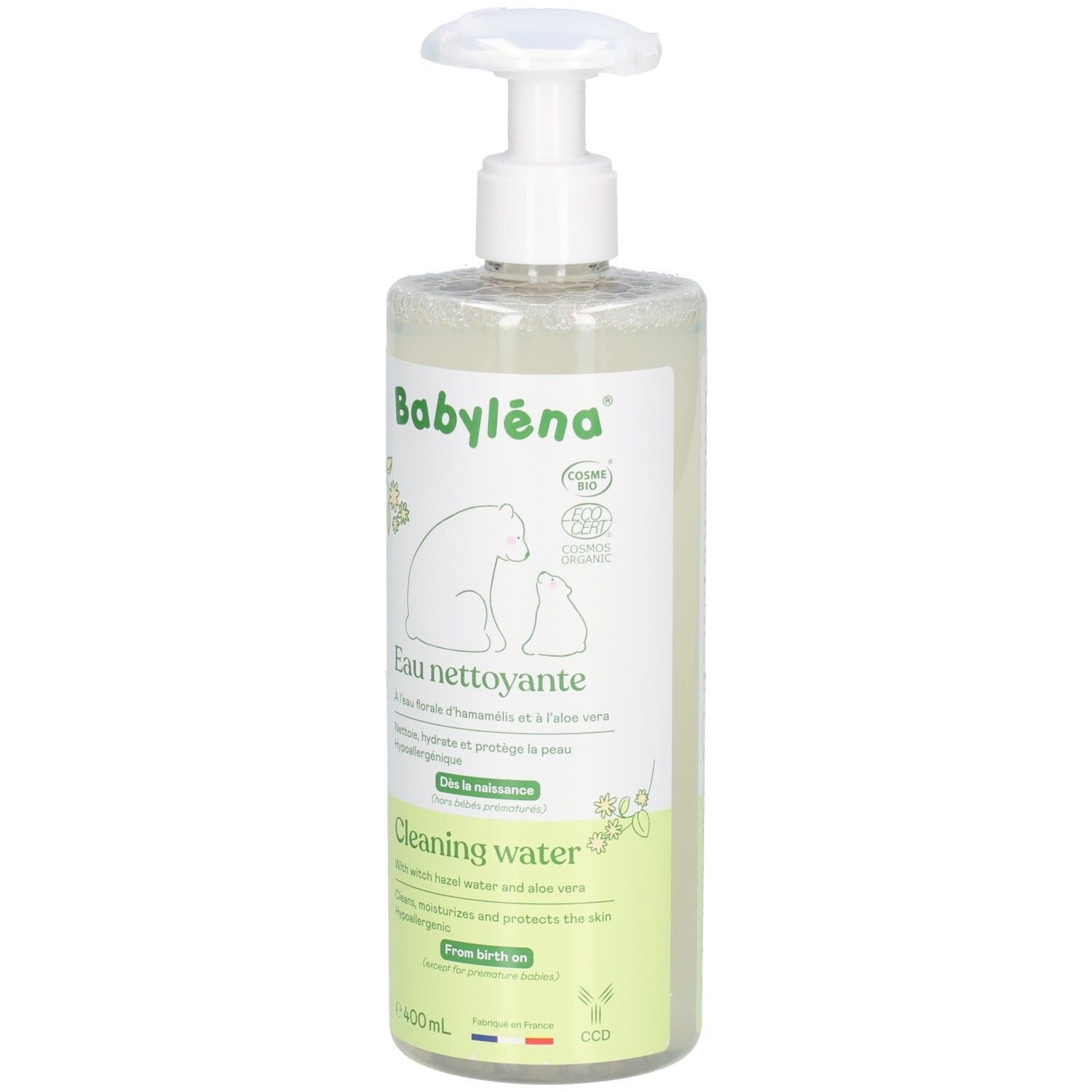 Flacon transparent avec pompe. Inscription BabyLéna, Eau nettoyante, Cleaning water. Contient camomille et aloe vera. 400ml.