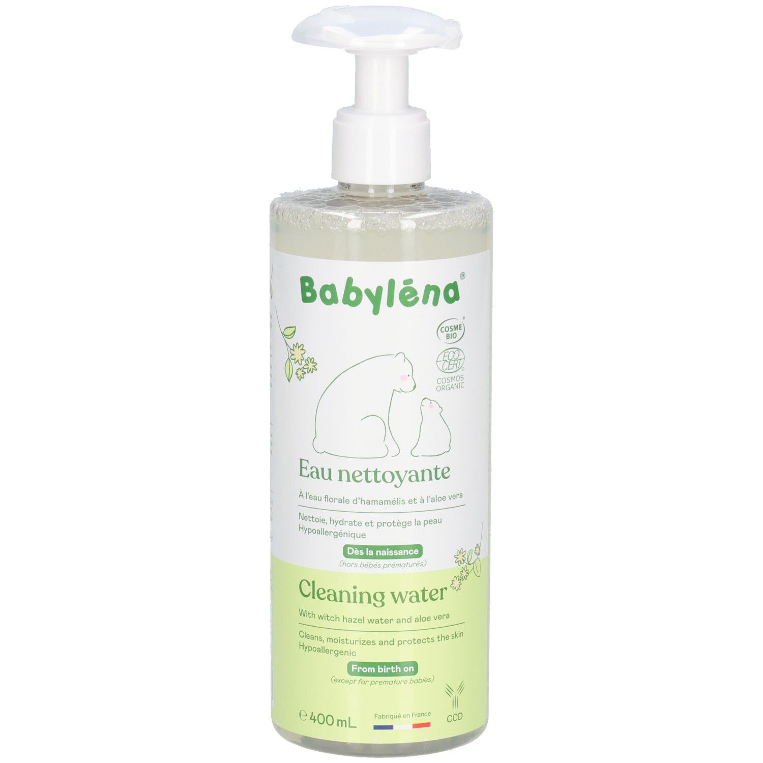 Flacon transparent avec pompe. Inscription BabyLéna, Eau nettoyante, Cleaning water. Contient camomille et aloe vera. 400ml.