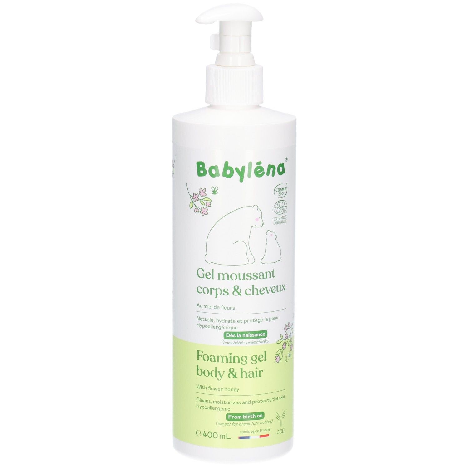 Flacon blanc avec pompe. Inscription: Babyléna, Gel moussant corps & cheveux. Certifié bio. Contenance 400ml.