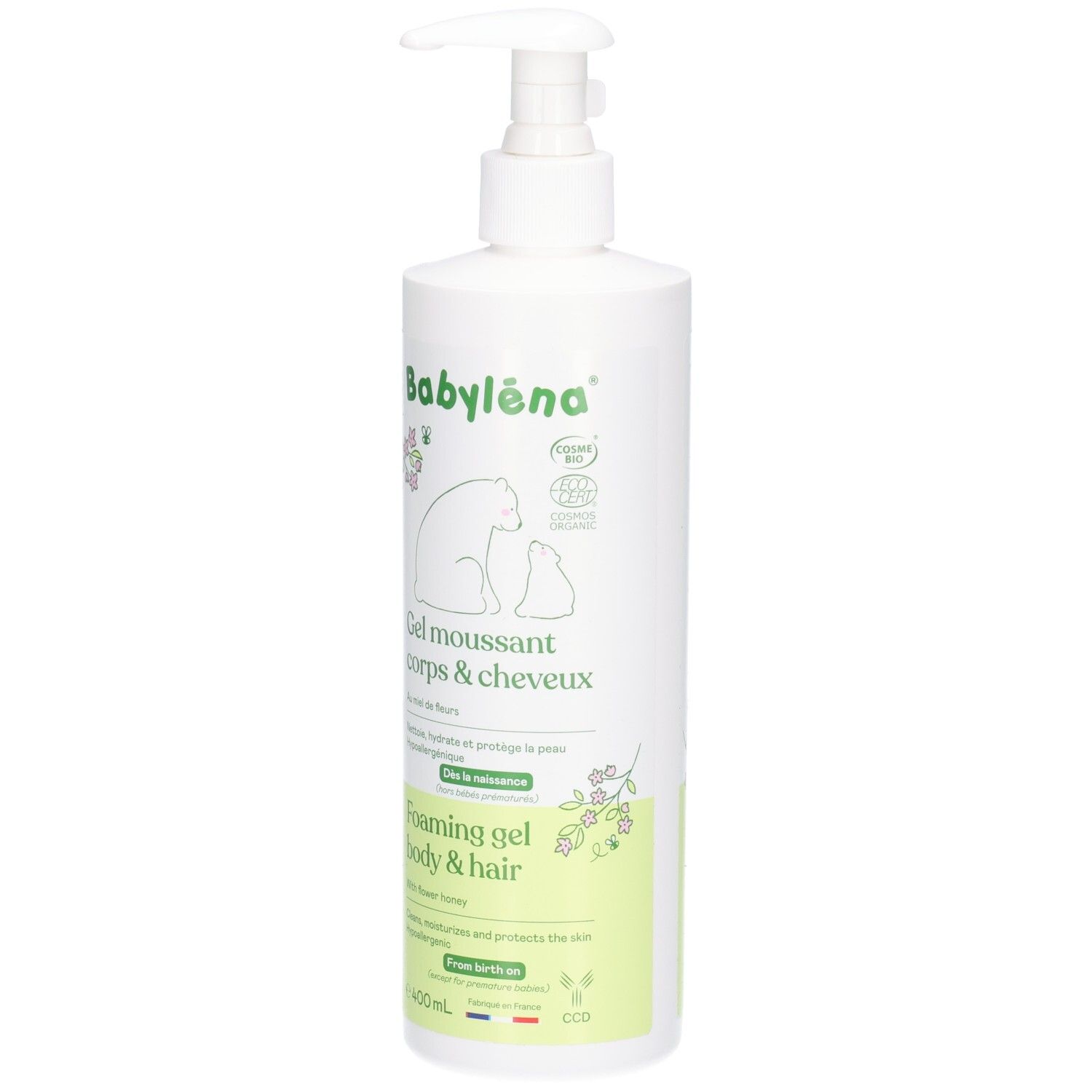 Flacon blanc avec pompe. Inscription: Babyléna, Gel moussant corps & cheveux. Certifié bio. Contenance 400ml.