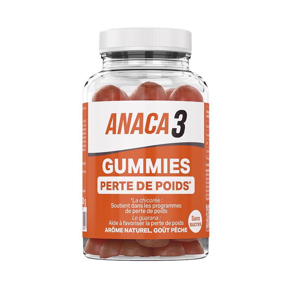 Flacon transparent ANACA 3 Gummies. Étiquette orange avec nom et texte. Gummies rouges visibles.