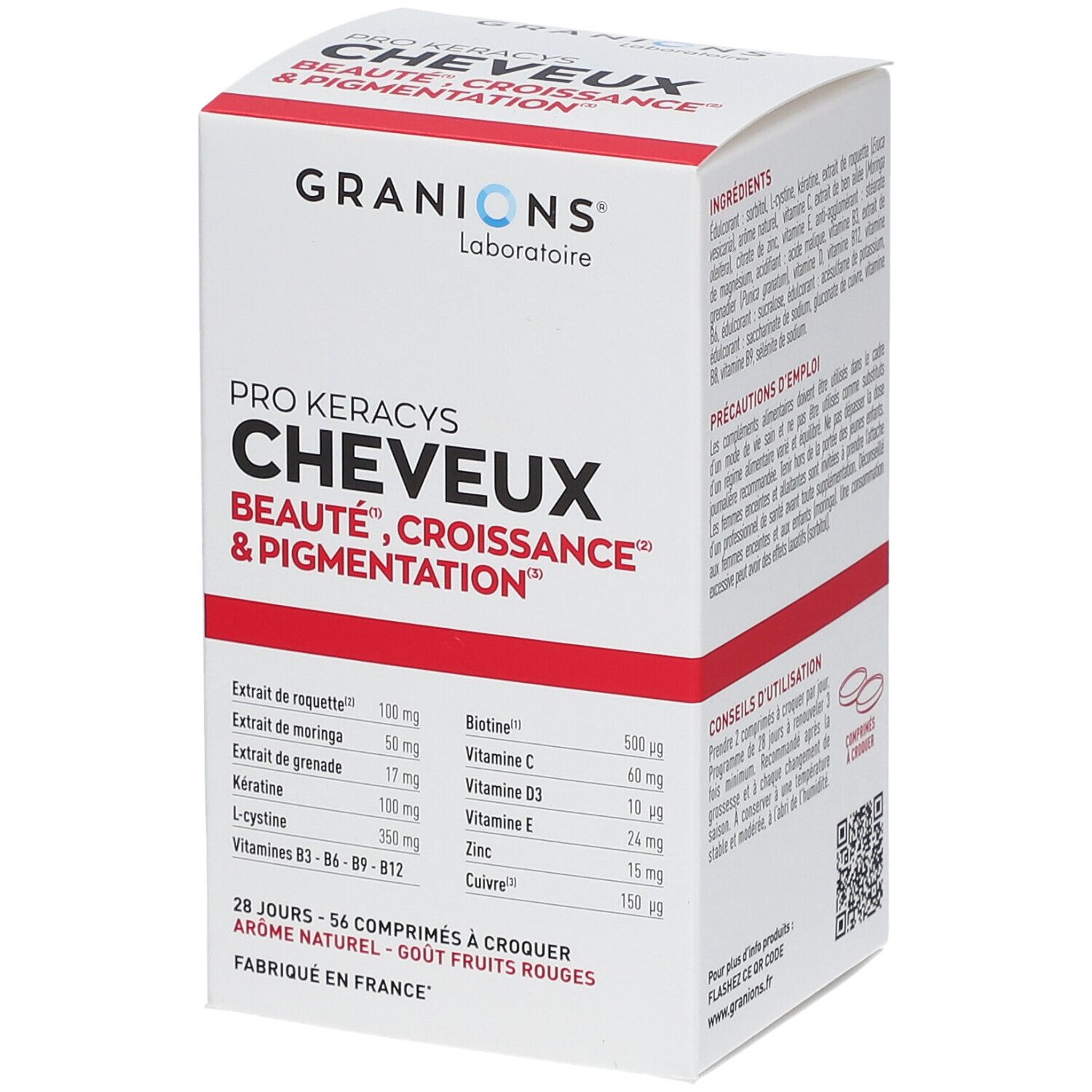 Boîte GRANIONS® Pro Keracys Cheveux. Ingrédients et informations nutritionnelles. Texte: Beauté, Croissance & Pigmentation.