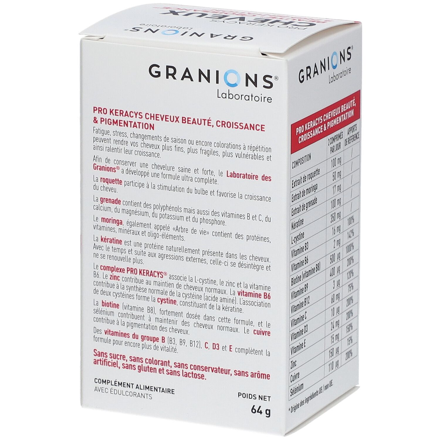 Boîte GRANIONS® Pro Keracys Cheveux. Texte: Beauté, Croissance & Pigmentation. Description des ingrédients et de l'utilisation.
