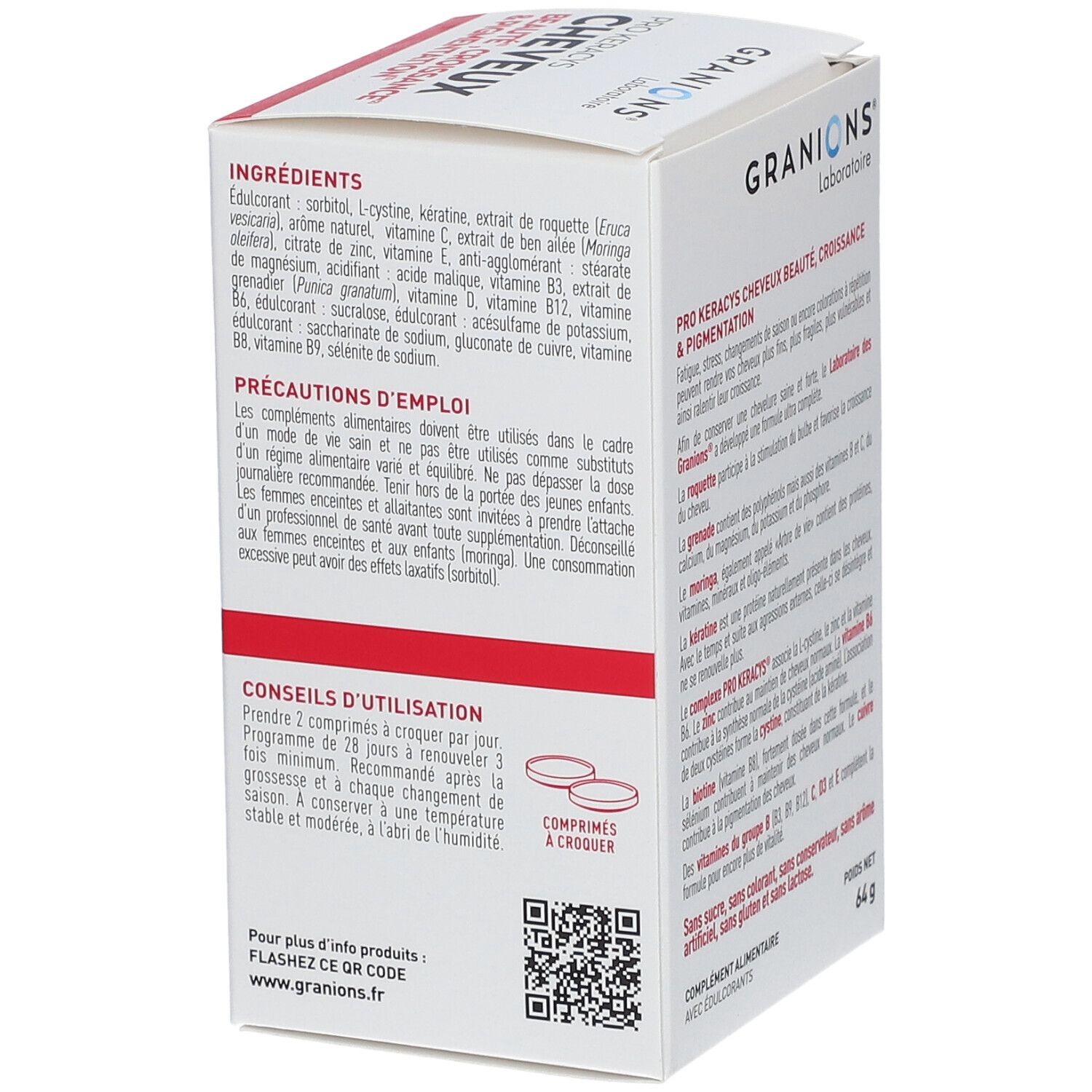 Dos de la boîte GRANIONS® Pro Keracys Cheveux. Texte: Beauté, Croissance & Pigmentation. Conseils d'utilisation et ingrédients.