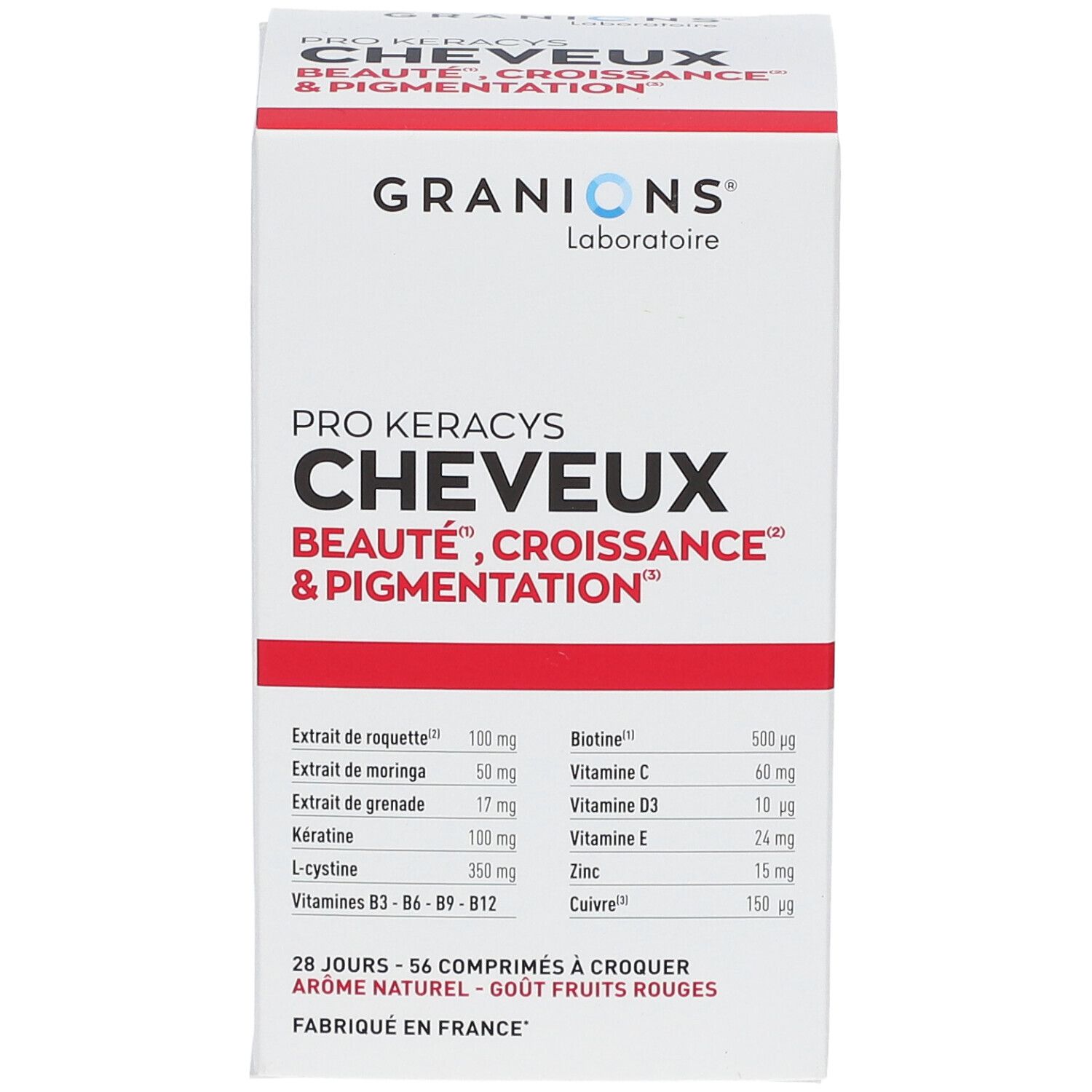 Boîte GRANIONS® Pro Keracys Cheveux. Ingrédients et informations nutritionnelles. Texte: Beauté, Croissance & Pigmentation.