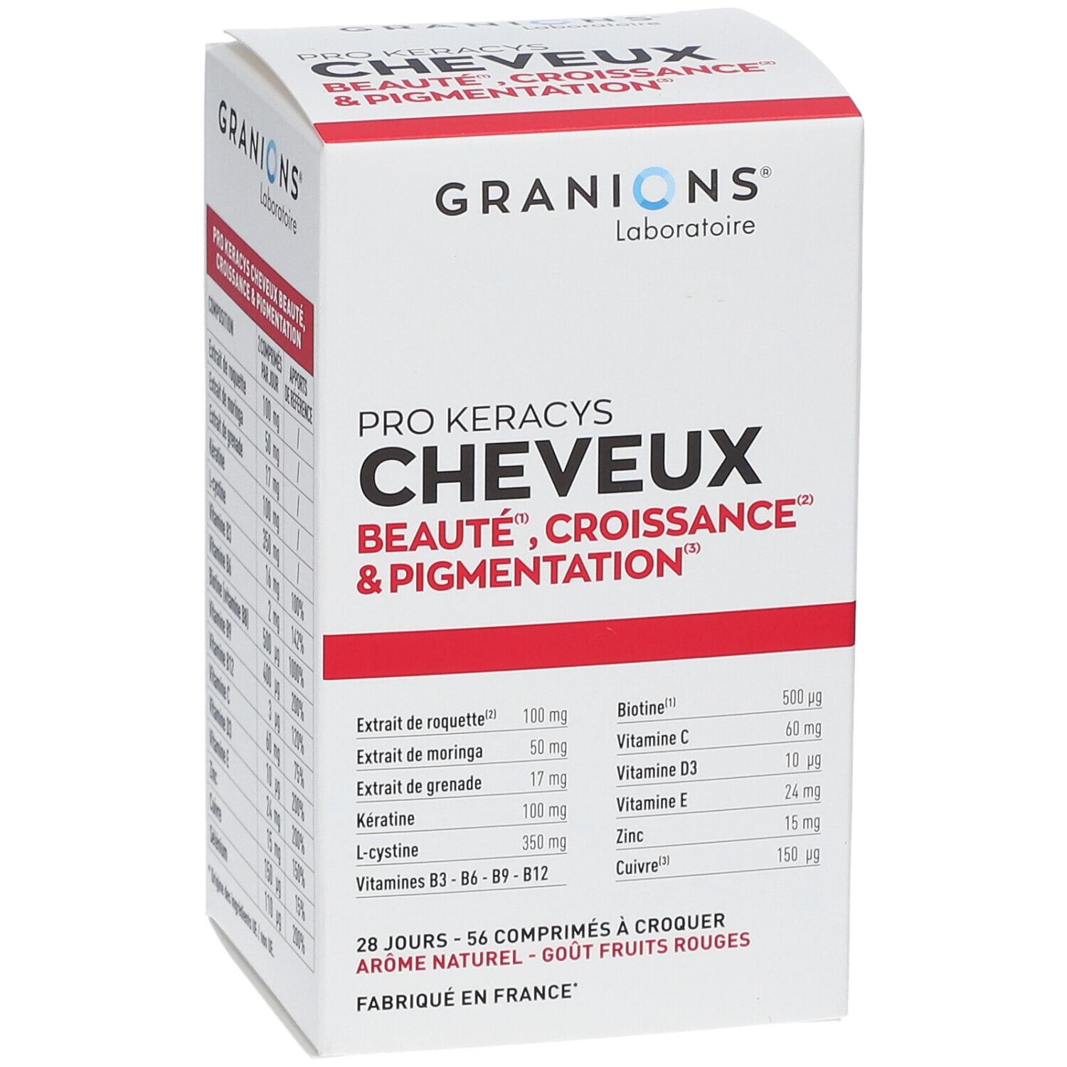 Boîte GRANIONS® Pro Keracys Cheveux. Ingrédients et informations nutritionnelles. Texte: Beauté, Croissance & Pigmentation.
