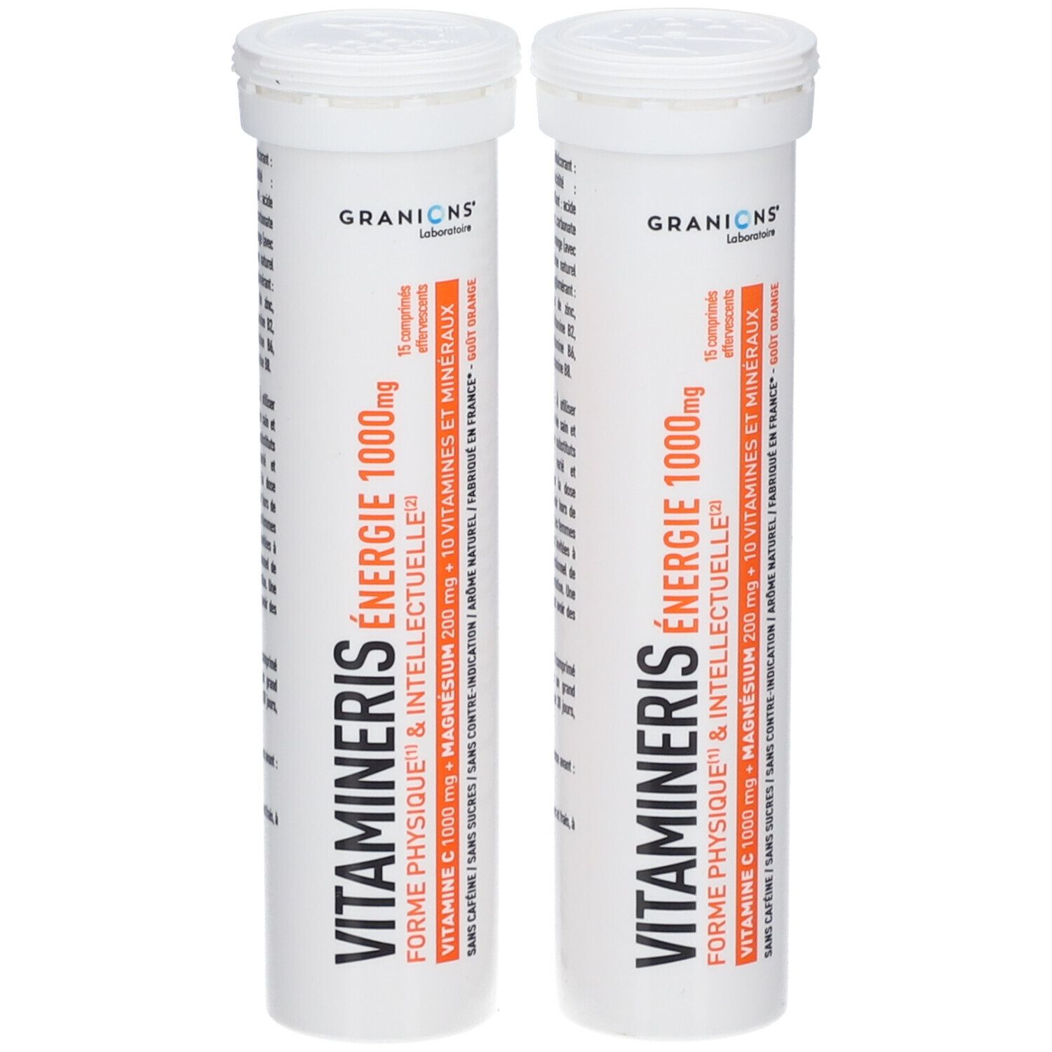 Deux tubes blancs avec bouchon à vis. Inscription: Vitamineris Energie 1000mg, Granions Laboratoire. 15 comprimés effervescents.