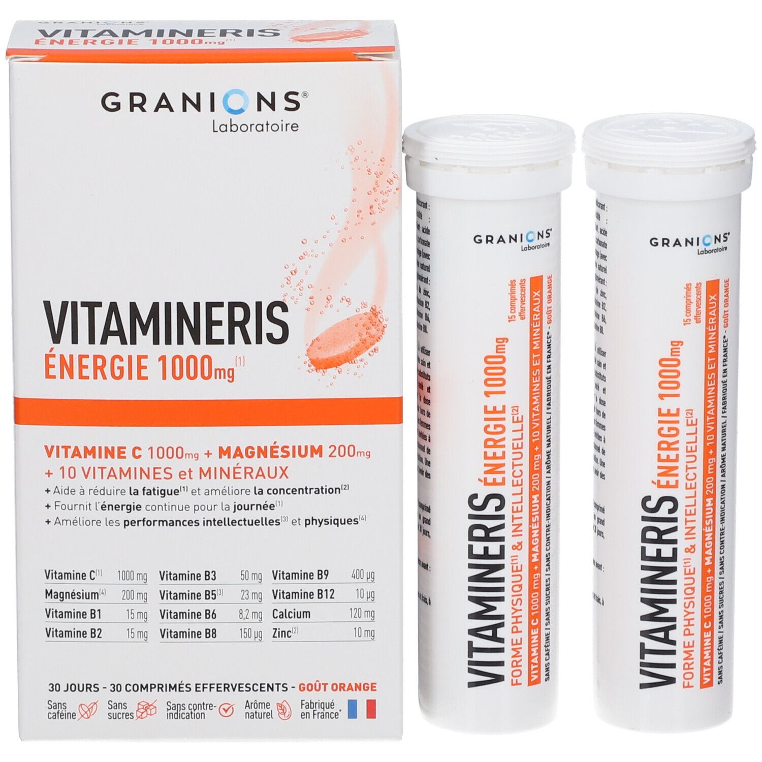 Emballage du produit et deux tubes. Inscription: Vitamineris Energie 1000mg, Granions Laboratoire. 30 comprimés effervescents.