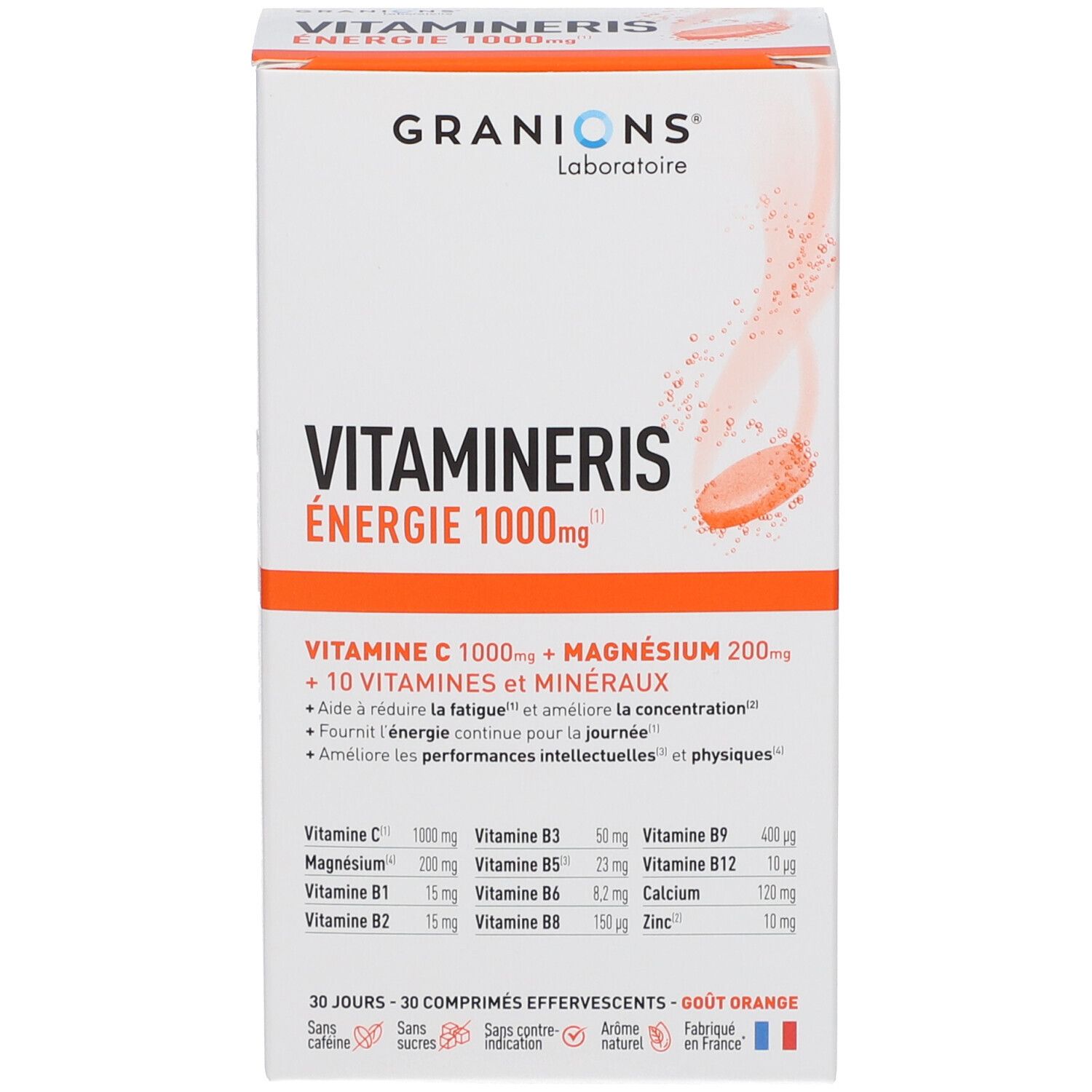 Emballage du produit. Inscription: Vitamineris Energie 1000mg, Granions Laboratoire. 30 comprimés effervescents.