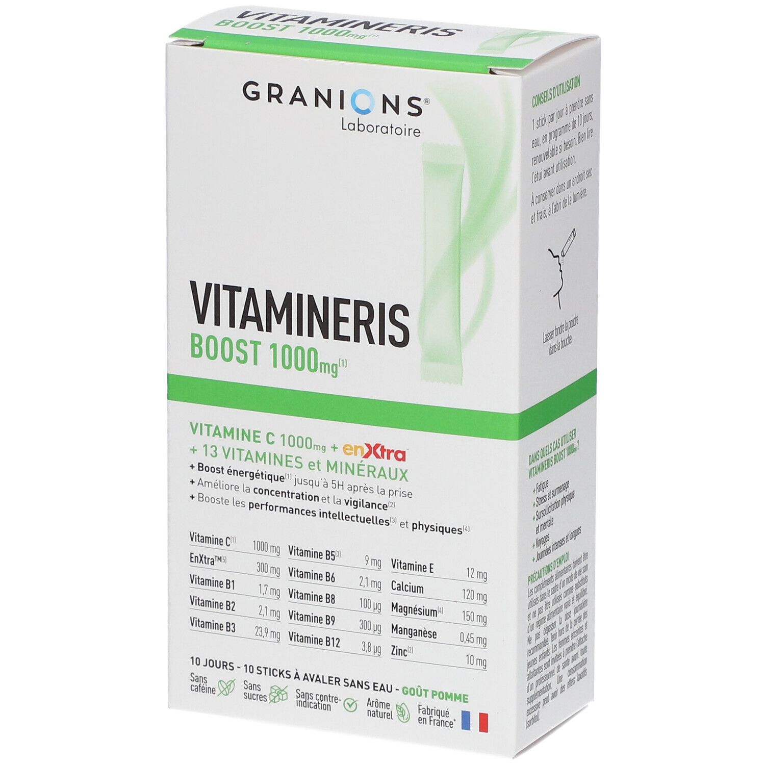 Boîte de Vitamineris Boost 1000mg. Contient vitamine C, minéraux et vitamines. Informations produit visibles.