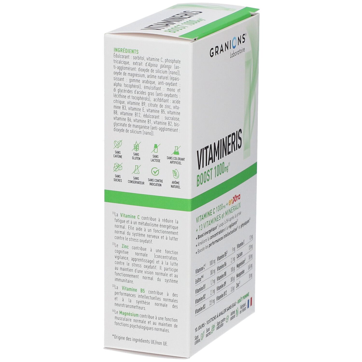 Vue latérale de l'emballage Vitamineris Boost 1000mg. Ingrédients et informations nutritionnelles. Texte en français.