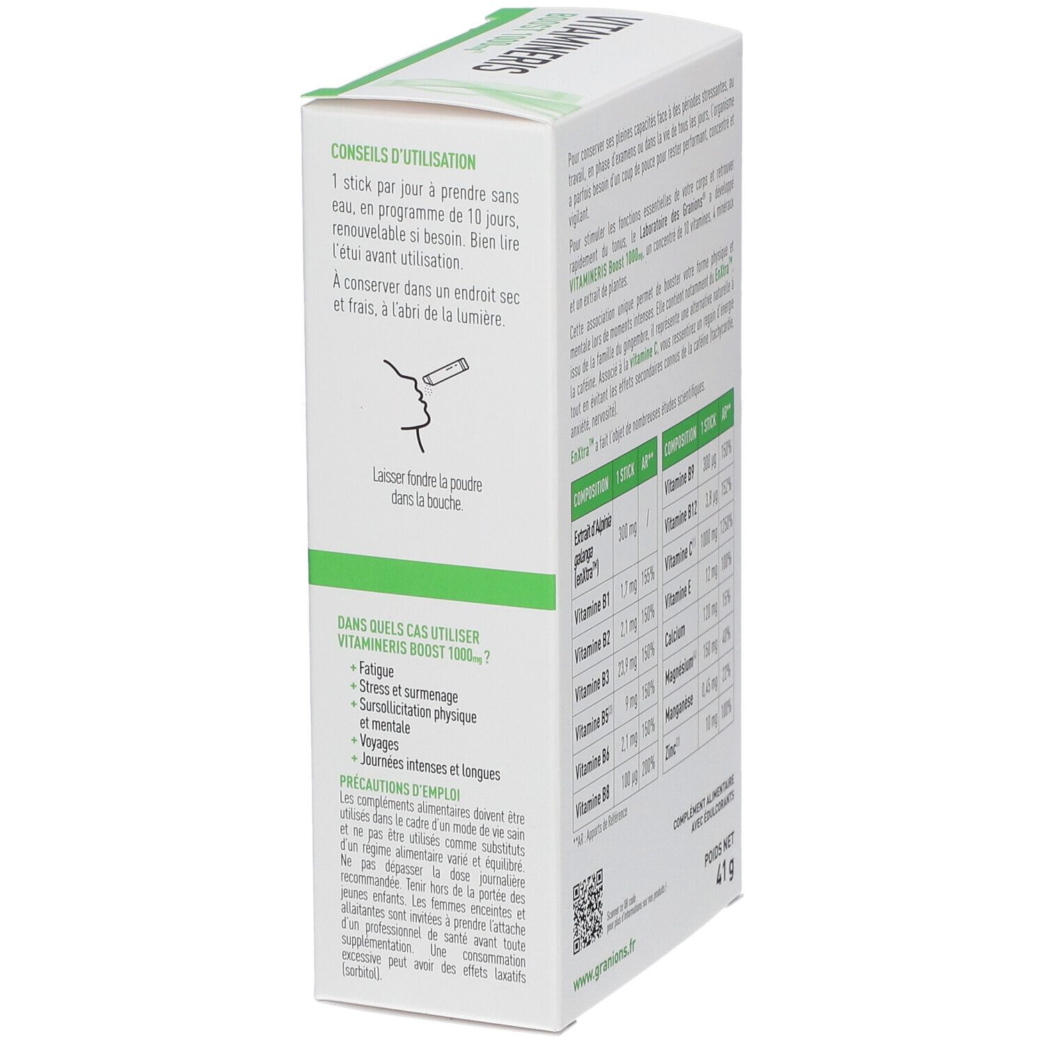 Côté de l'emballage Vitamineris Boost 1000mg. Contient des instructions d'utilisation et des précautions.