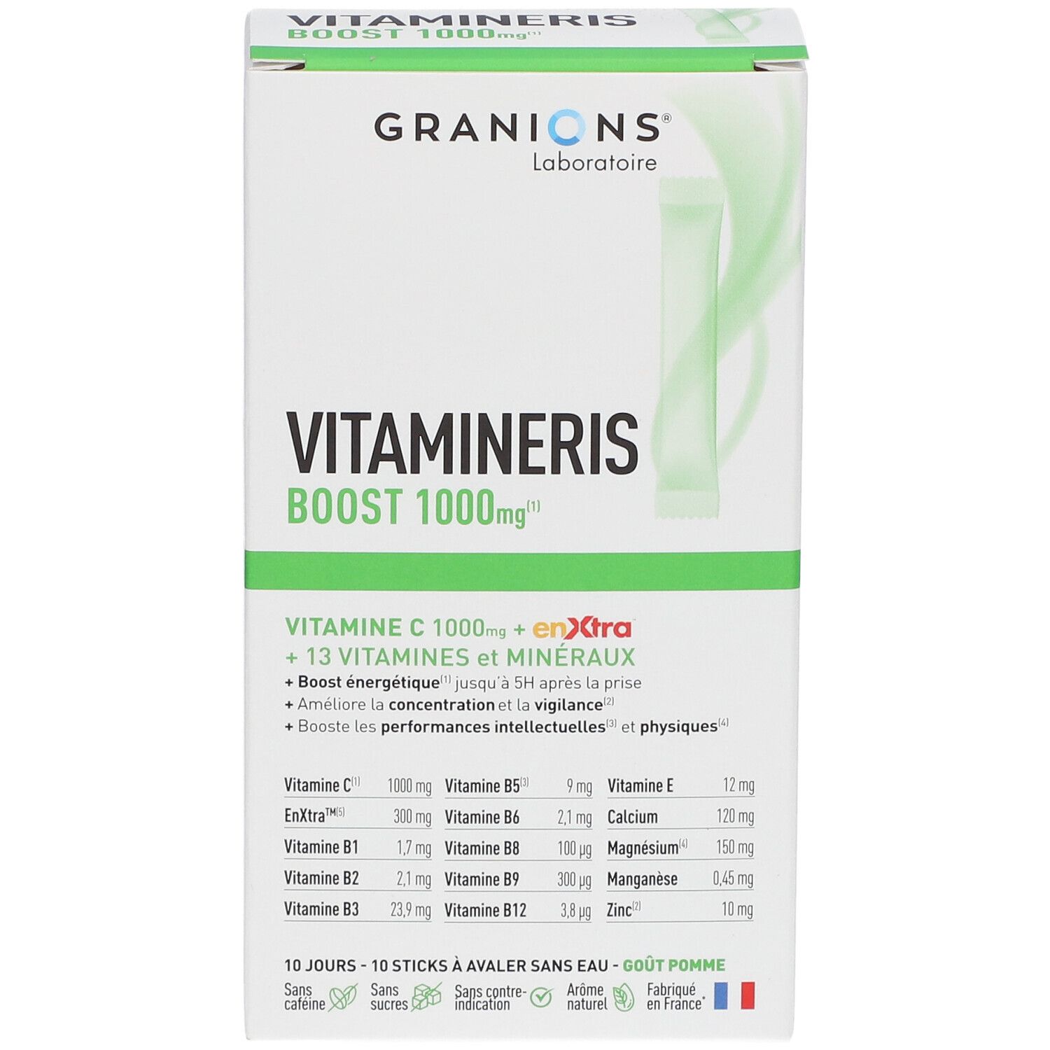 Emballage Vitamineris Boost 1000mg. Contient vitamine C, minéraux et vitamines. Informations produit.