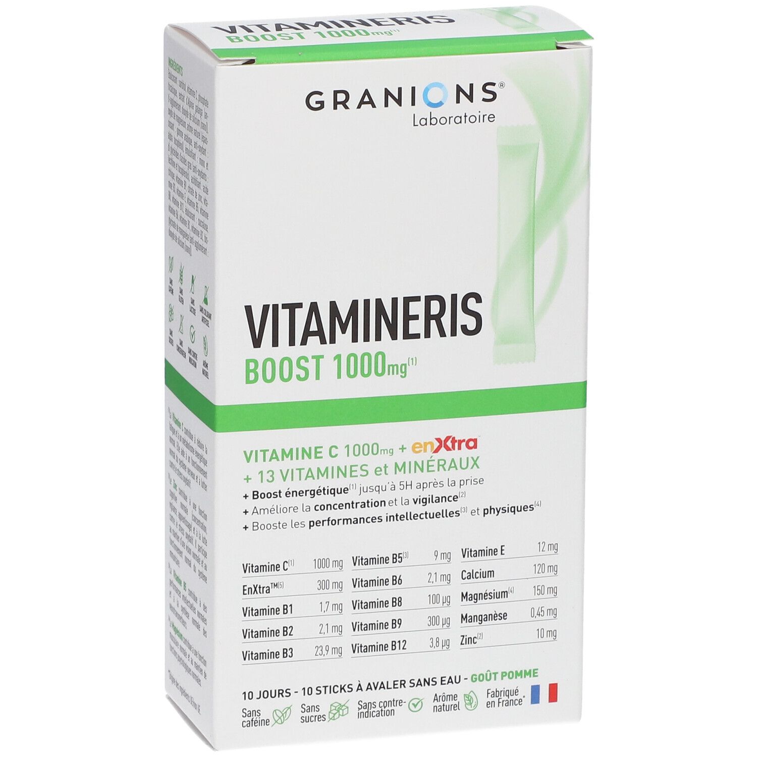Emballage Vitamineris Boost 1000mg. Contient vitamine C, minéraux et vitamines. Informations produit.