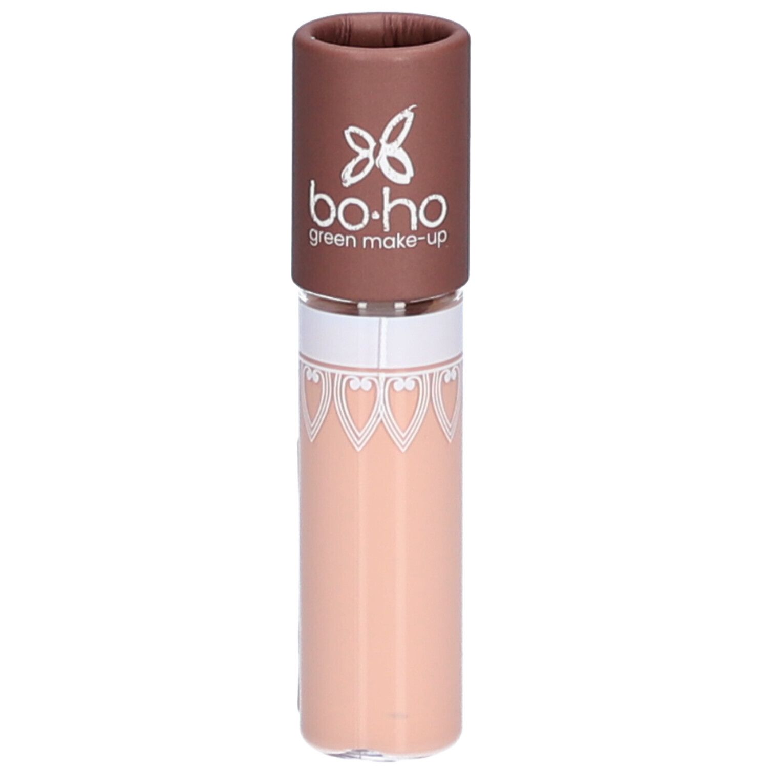 Base Paupières beige en tube. Bouchon marron avec logo. Récipient transparent avec liquide beige. Boho Green Make-up.