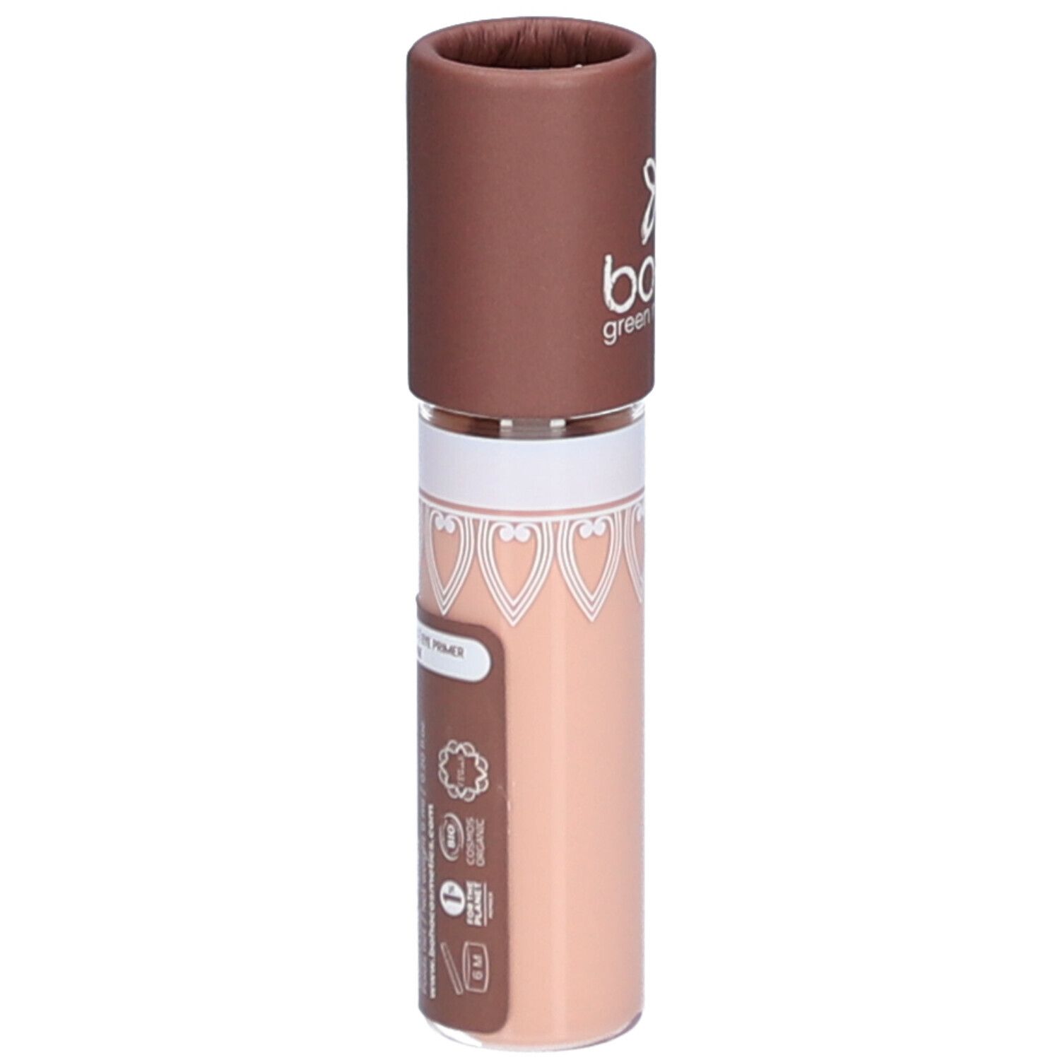 Base Paupières en tube. Bouchon marron. Liquide beige. Étiquette avec informations produit. Boho Green Make-up.