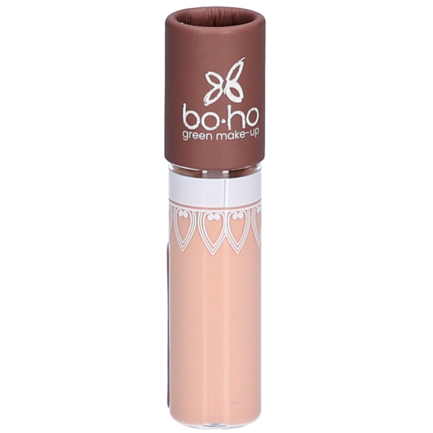Base Paupières beige en tube. Bouchon marron avec logo. Récipient transparent avec liquide beige. Boho Green Make-up.